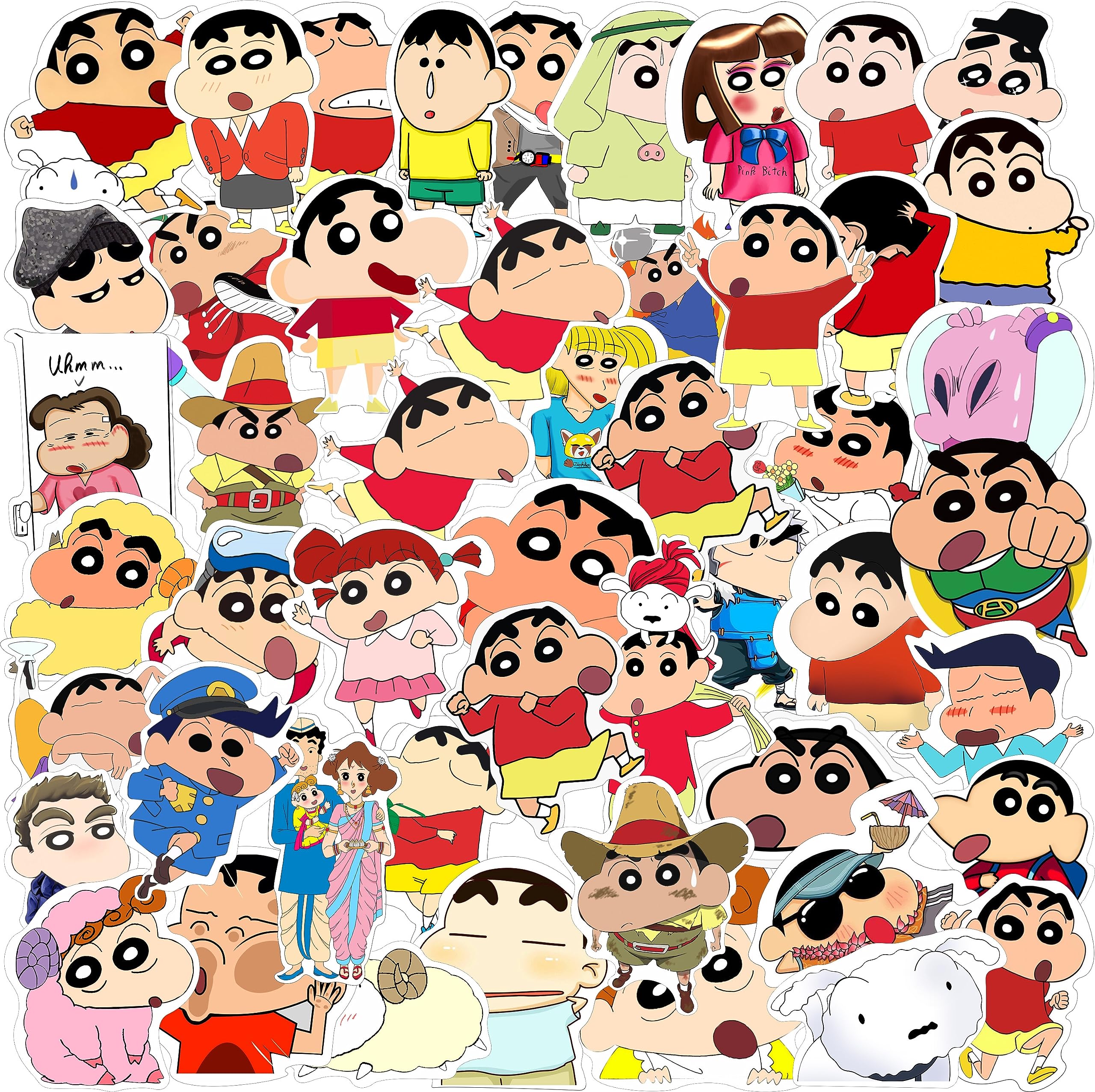 Cute Shinchan Waterproof Vinyl Sticker for Laptop Theme | Bike | Helmet | Diary| Guitar| Mobile | Scrapbook | Skating Board | Journal (Pack of 50)