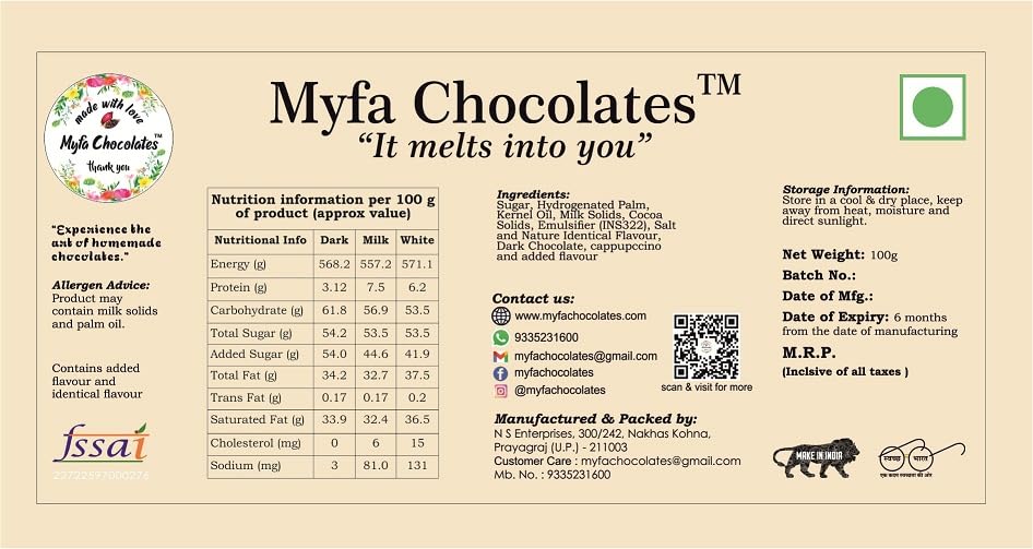 Image of Myfa Chocolates Premium Dark Chocolate Bar | Handcrafted, Sweet and Bitter Flavour