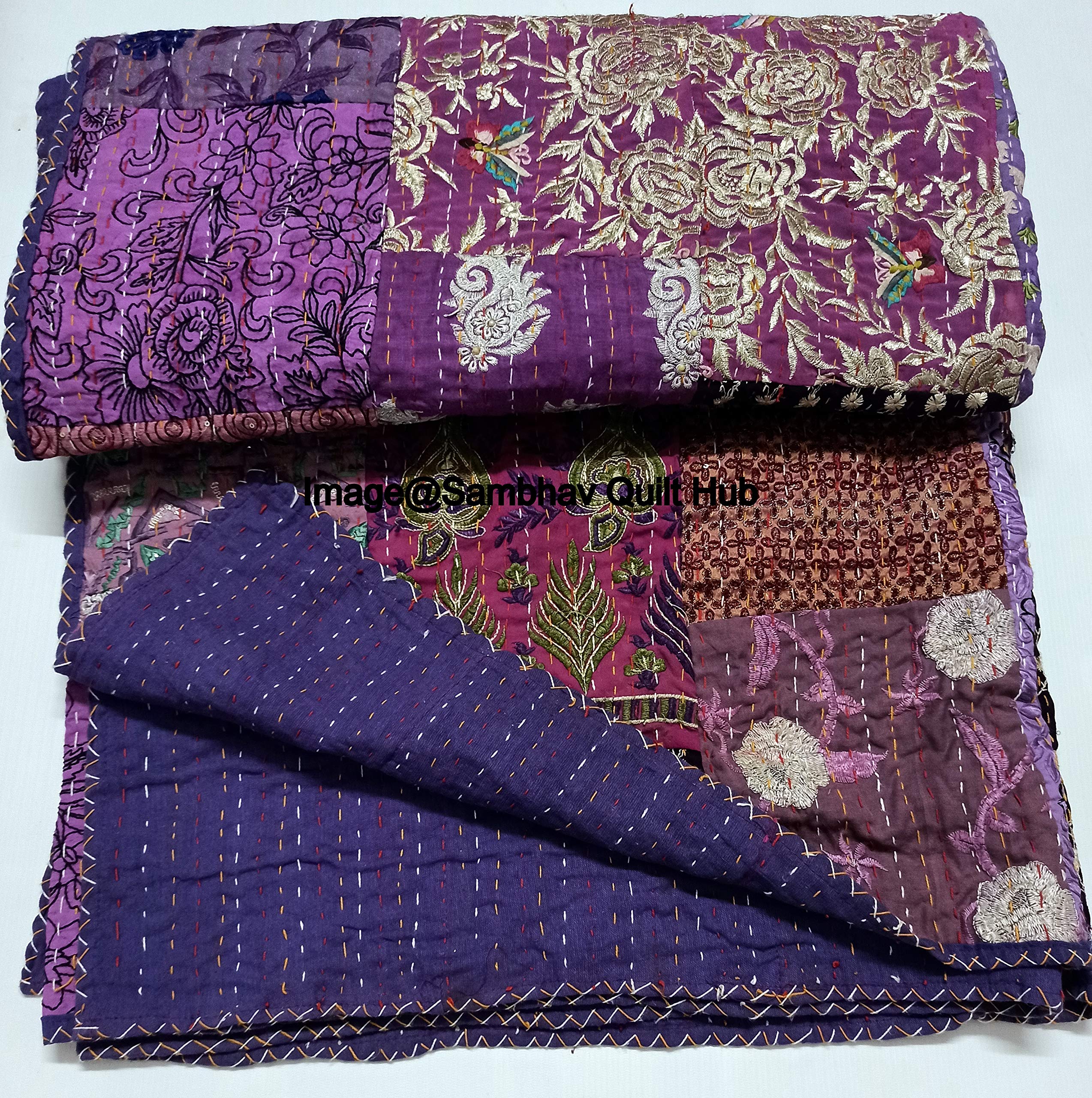 Handmade Vintage Silk Sari Jari Patchwork Khambhadiya Kantha Quilt Reversible Bed Cover/Throw Blanket - Twin/Queen/King (Purple, 90X108 inches)