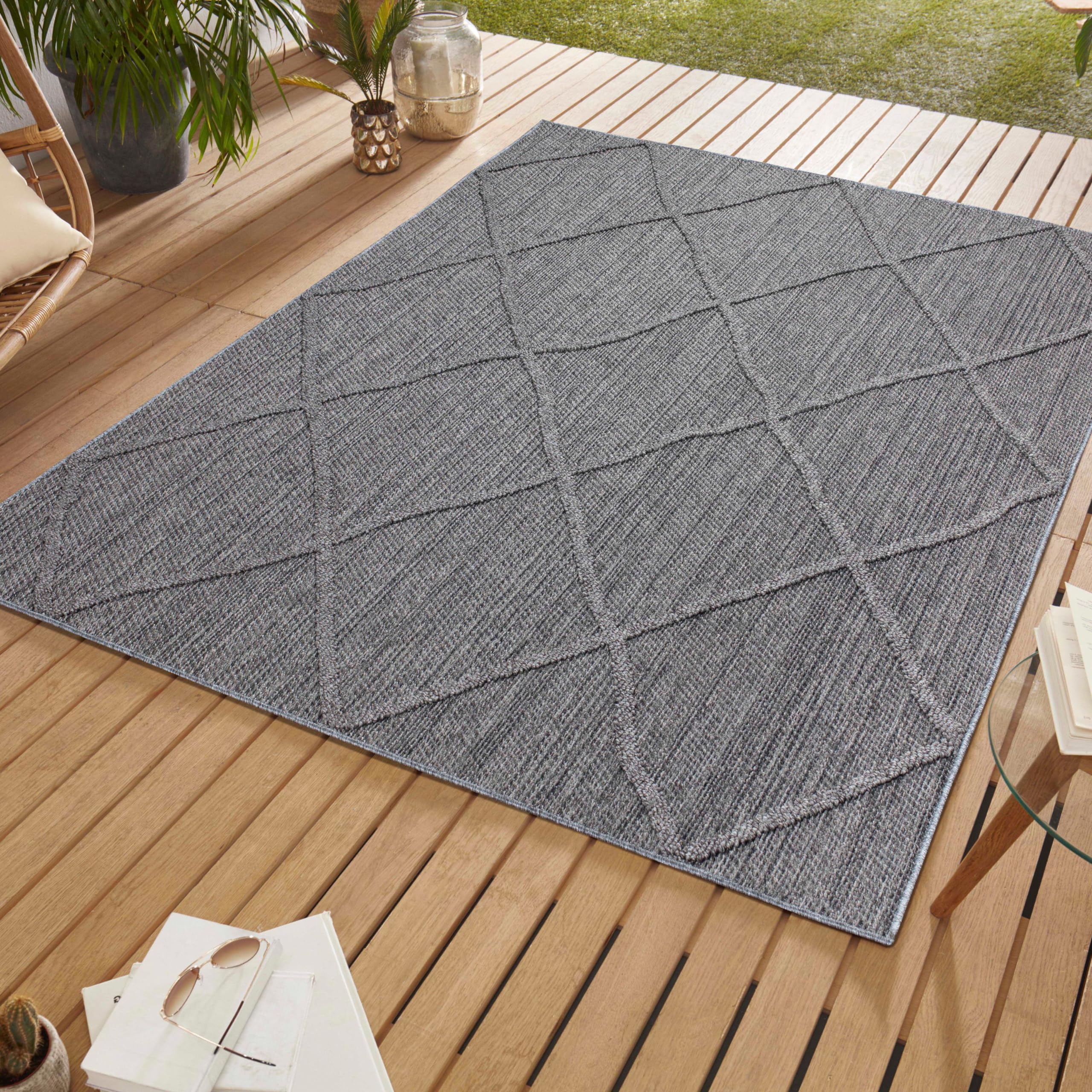 SIMPEX In & Outdoor Bouclé Teppich wetterfest 3D Hoch Tief Effekt für Balkon Terrasse Garten Flur Küche oder Wohnzimmer in verschiedenen Größen