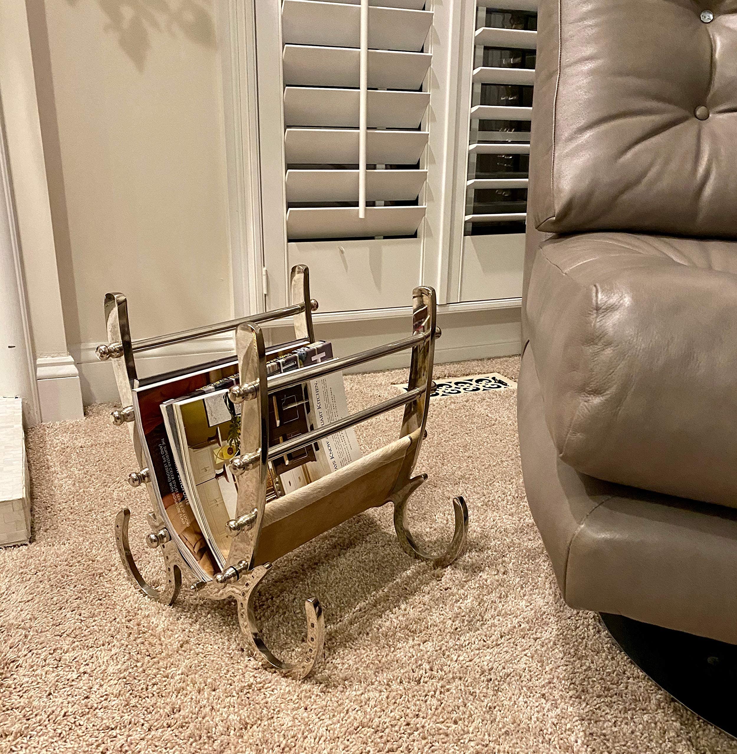 DUSTO Stainless Steel Magazine Holder (DH8026) | Leather Magazine Holder Rack | Vintage Pony Hair Leather Foldable Shelf | Magazine Organiser for Bathrooms or Offices.