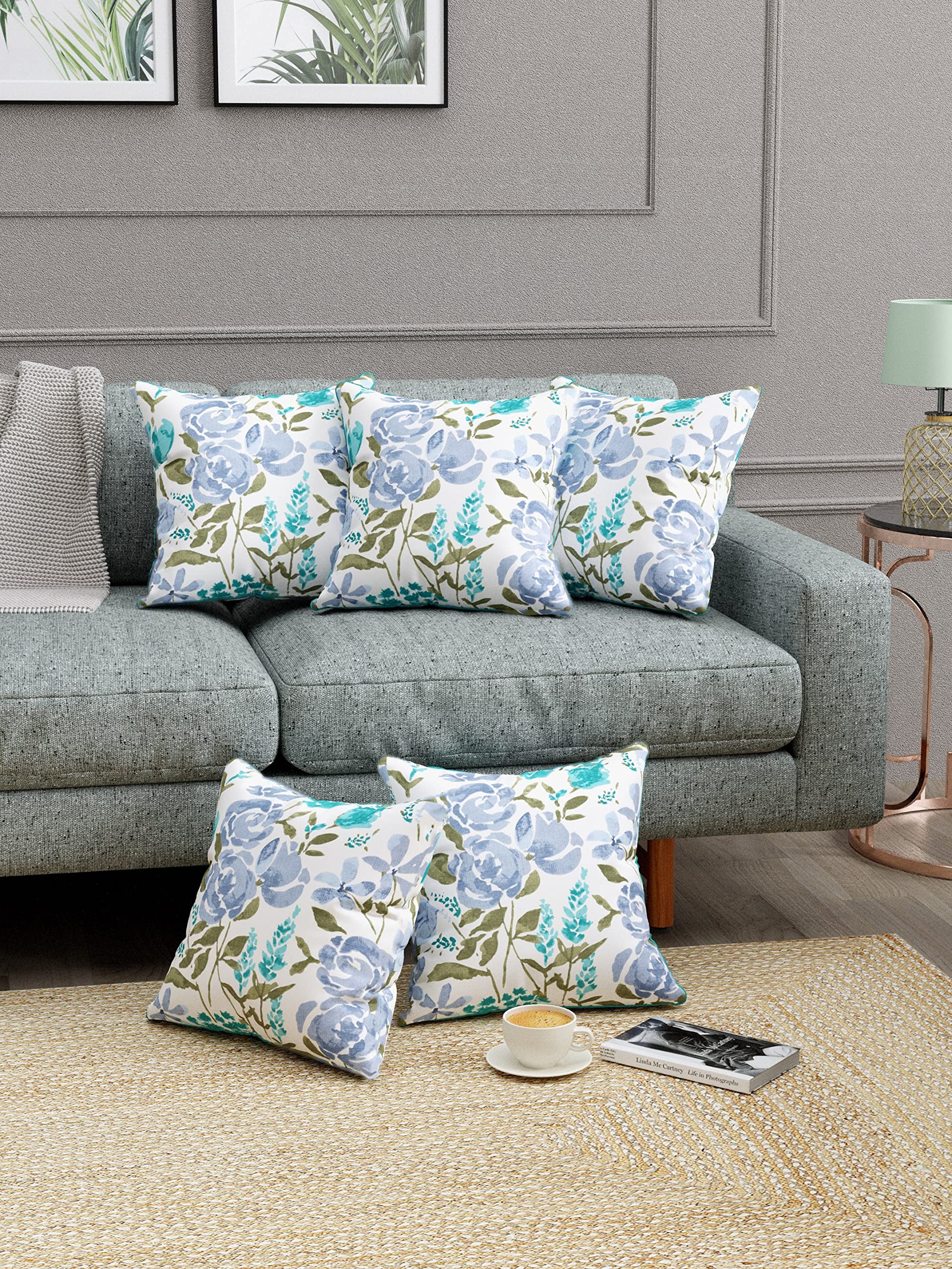 Trance Home Linen Fundas de cojín 100 % algodón grueso estampadas de 24 x 24 pulgadas para sofá y Diwan | Fundas de almohada de almohada pequeñas (24 x 24 pulgadas | 60x60 cm, azul Huvu) - Juego de 5