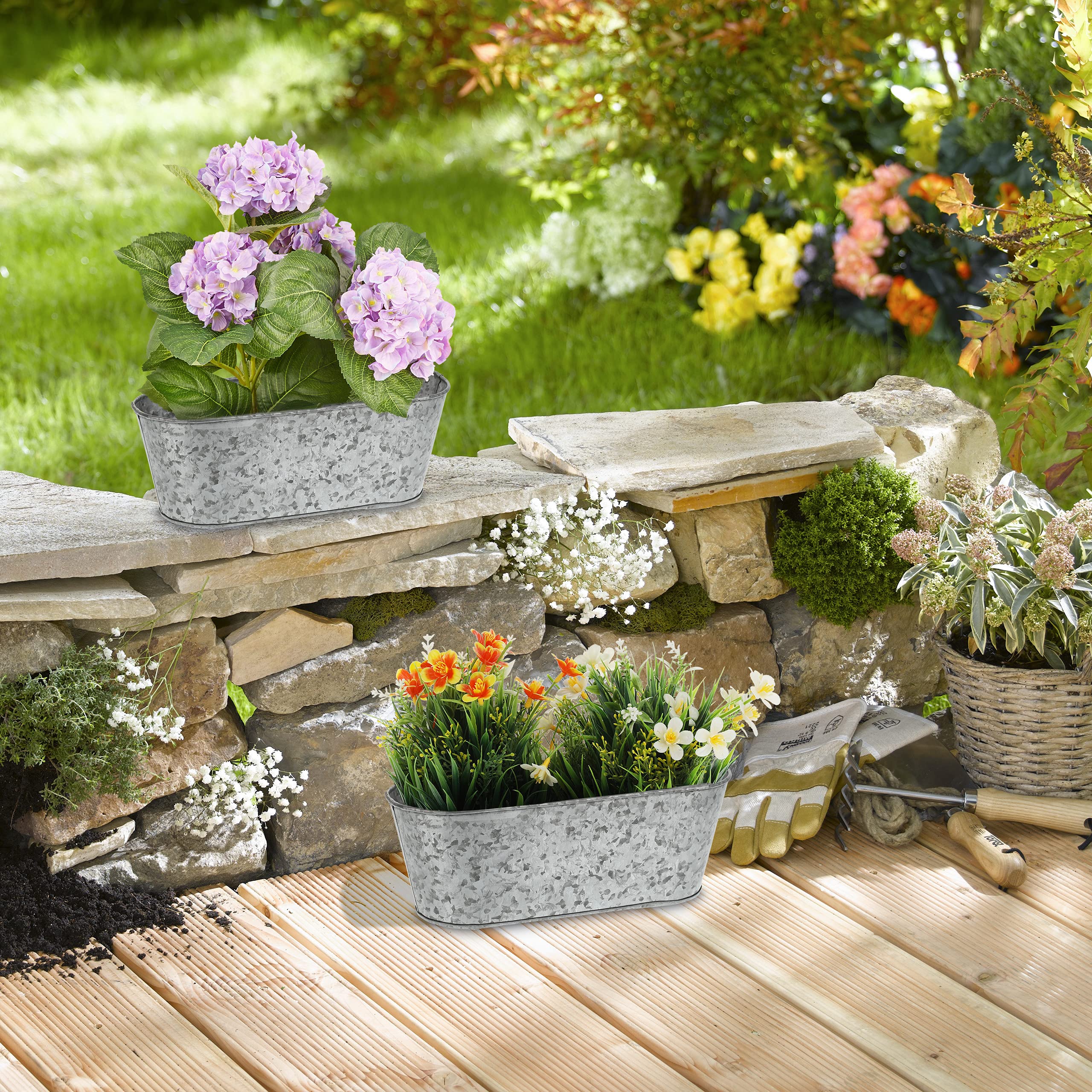 Relaxdays Set 6 Jardineras de Zinc, Macetas Galvanizadas, Maceterios Hierro Ovalados Exterior, 11x30,5x13,5 cm, Plateado