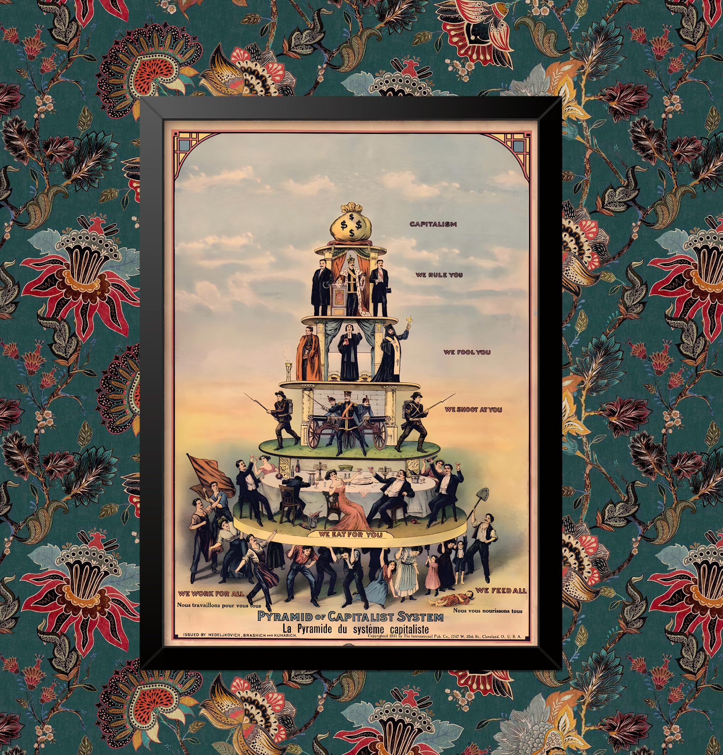 Vintage Anti-Capitalist Propaganda 'Pyramid of The Capitalist System', English Version, U.S.A, 1911, Reproduction 200gsm A3 Vintage Propaganda Poster (A4 Framed - Black Frame)