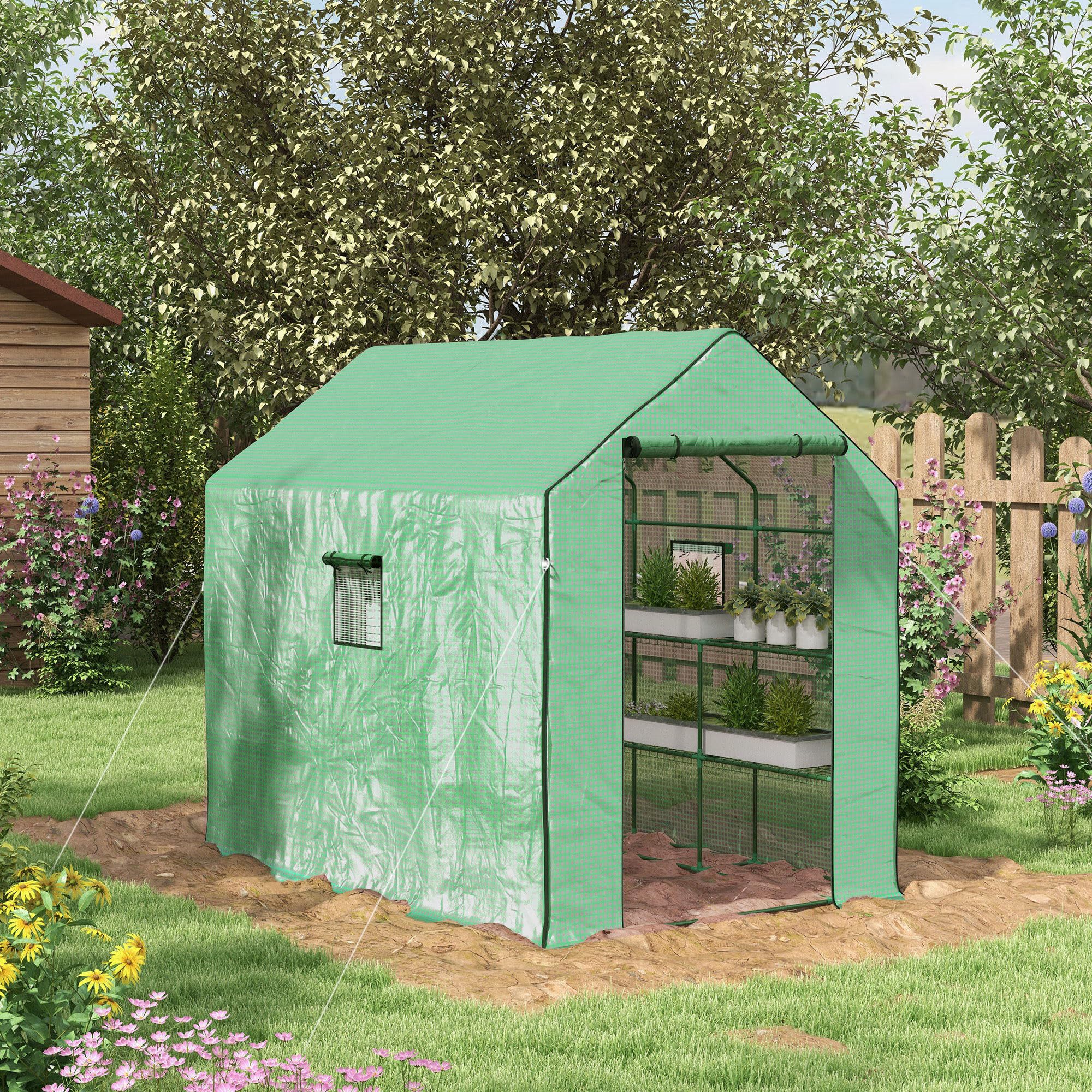 Outsunny Serre avec accès 3 Niveaux 12 étagères 140 x 213 x 190 cm Vert