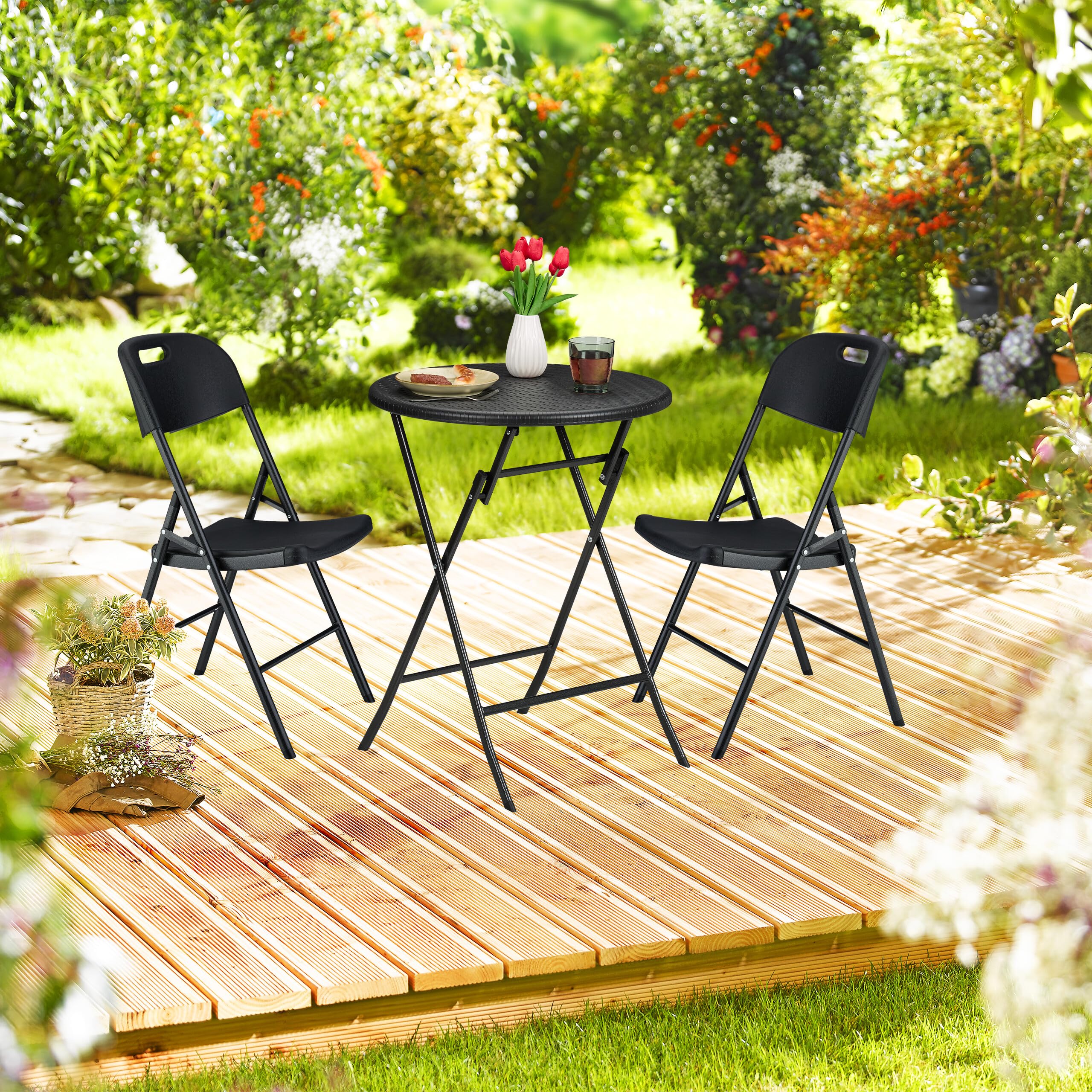Relaxdays Sedie Pieghevoli da Giardino, Set 2 Poltrone da Esterno, Sedute Balcone, Terrazzo, Plastica, Acciaio, Nero