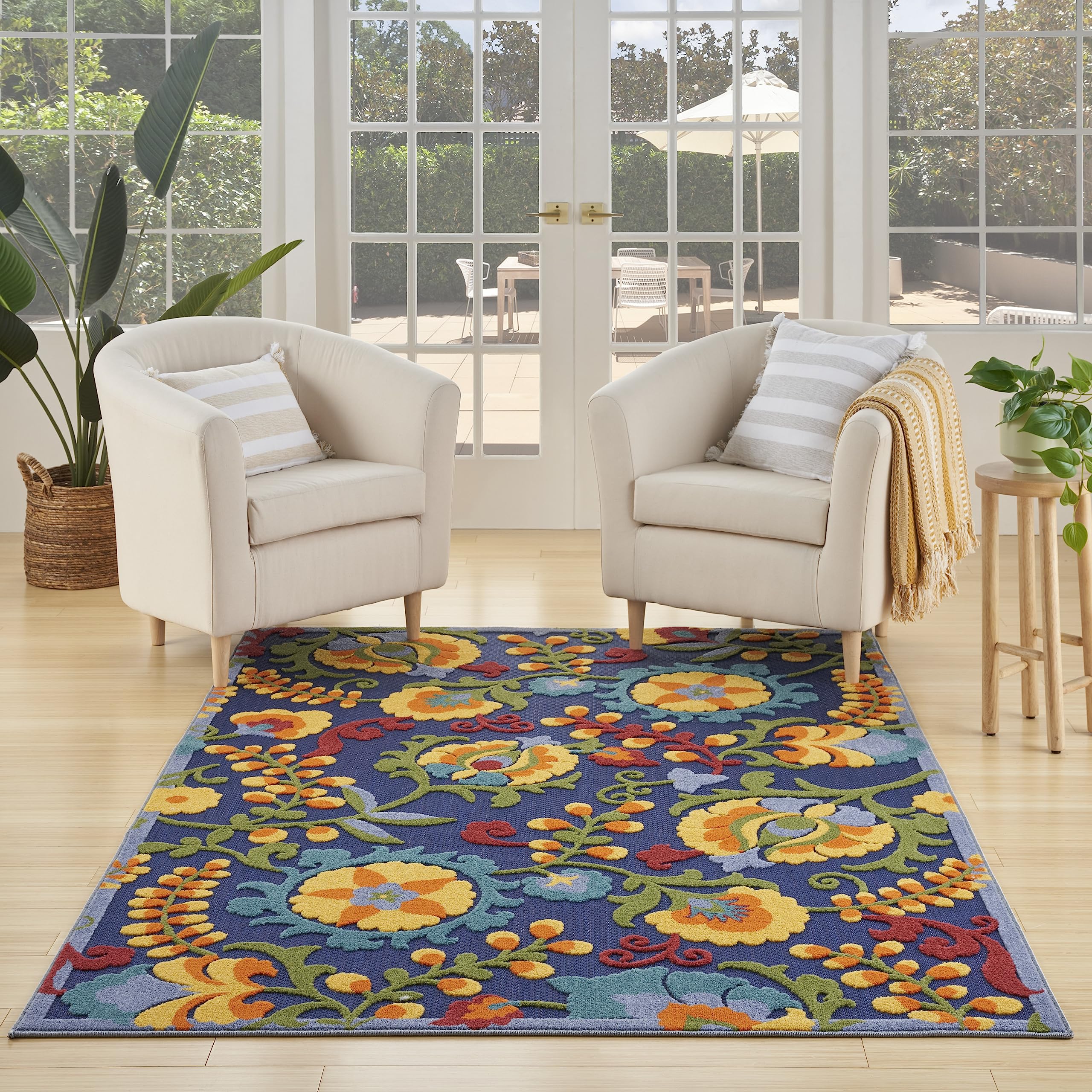 Nourison Aloha Indoor/Outdoor Navy Multicolor 6' x 9' Area Rug, Easy Cleaning, Non Shedding, Bed Room, Living Room, Dining Room, Backyard, Deck, Patio (6x9)