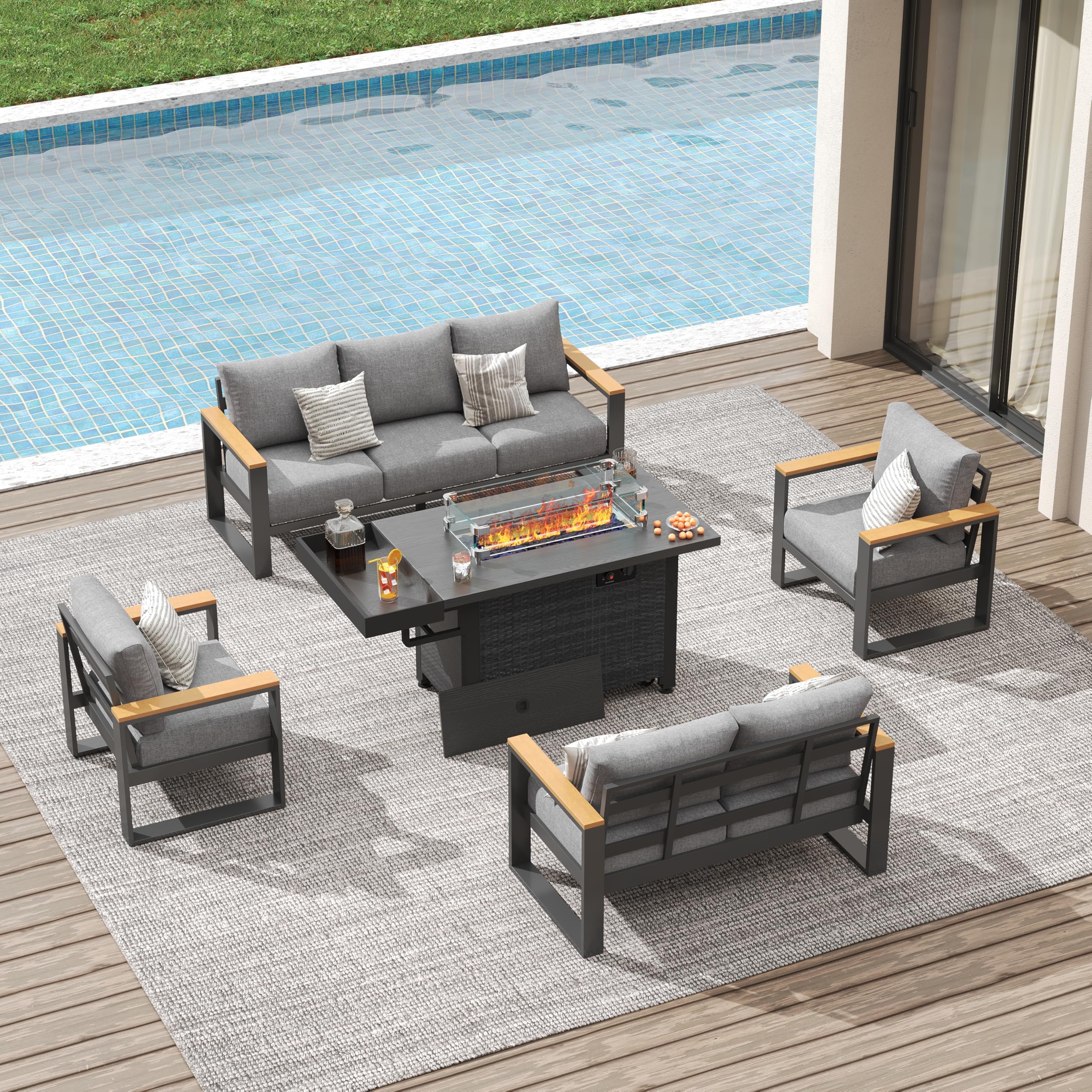 Sundale Outdoor Aluminum Patio Furniture Set with Wicker Fire Pit Table