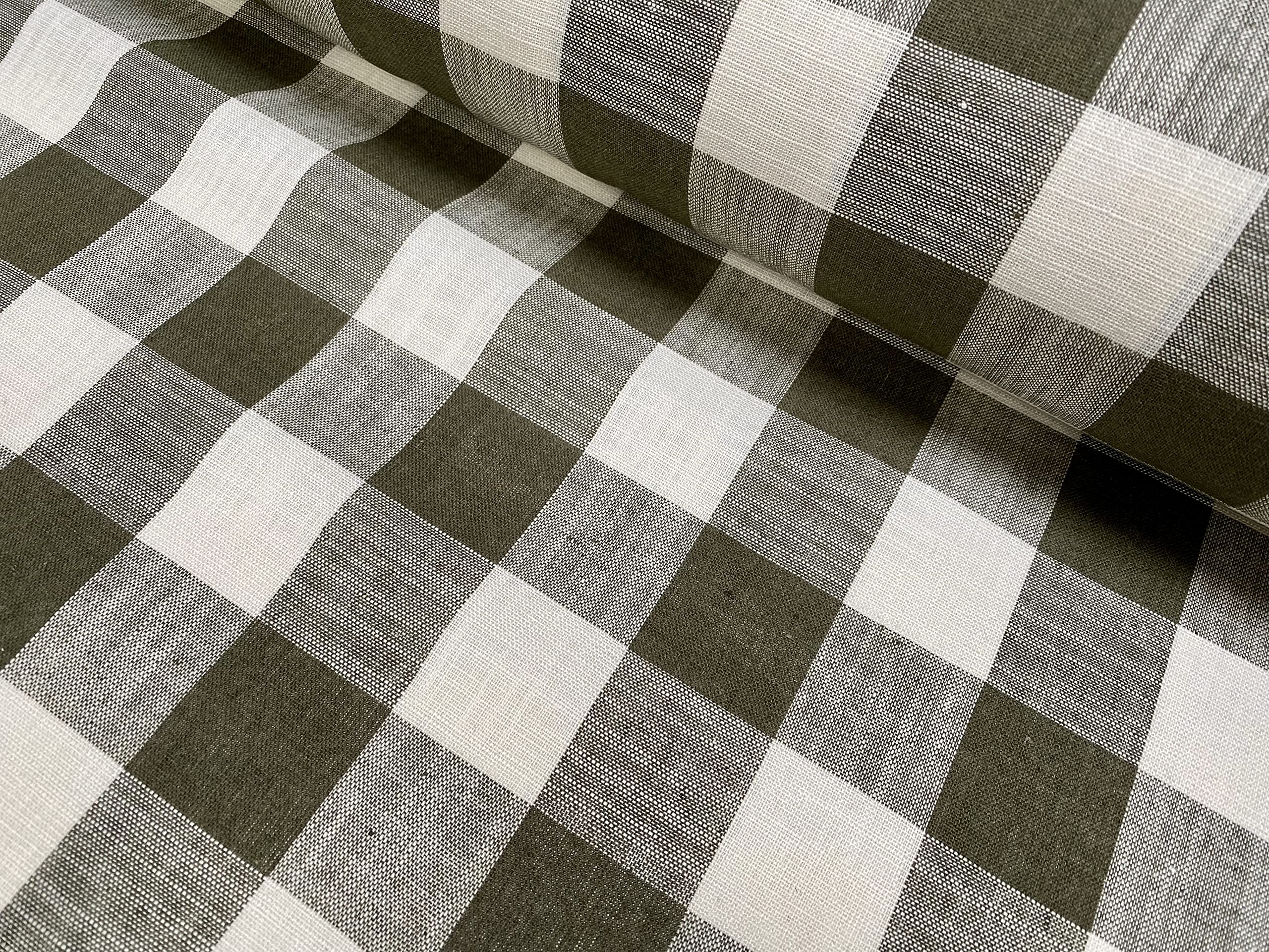 Gingham Linen Checked Fabric Check Material Buffalo Plaid, Dressmaking, Curtains, Home Furnishing, 140cm Wide (Khaki & White - Image 2