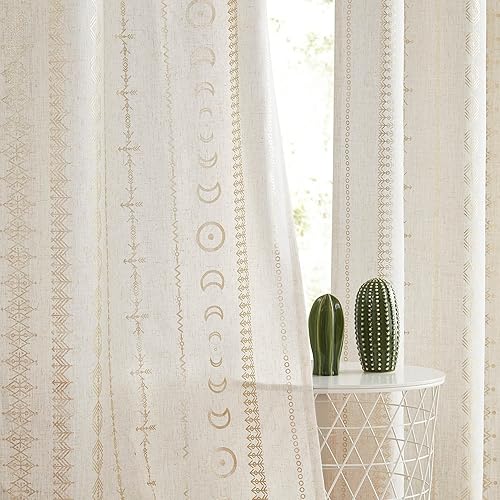 SXZJTEX Gold Aztec Light Filtering Curtains for Living Room 2 Panels, Boho Tribal Geometric Print Window Curtains for Bedroom, Grommet Semi Sheer
