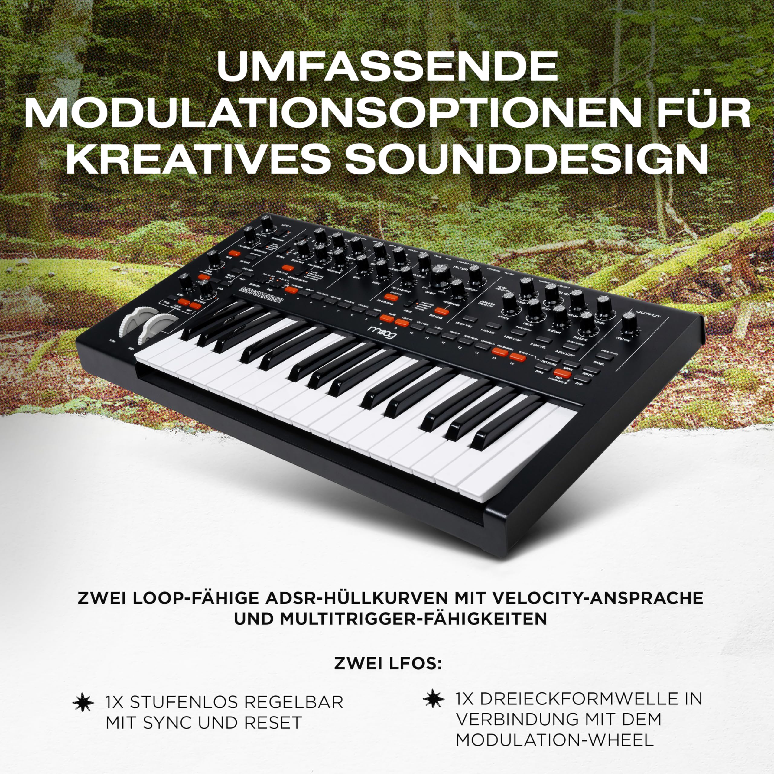 MOOG Messenger - Next-Gen Monophoner Analog Keyboard Synthesizer mit 32 Tasten, 64-Step Sequencer, 256 Presets und RES BASS Kompensation