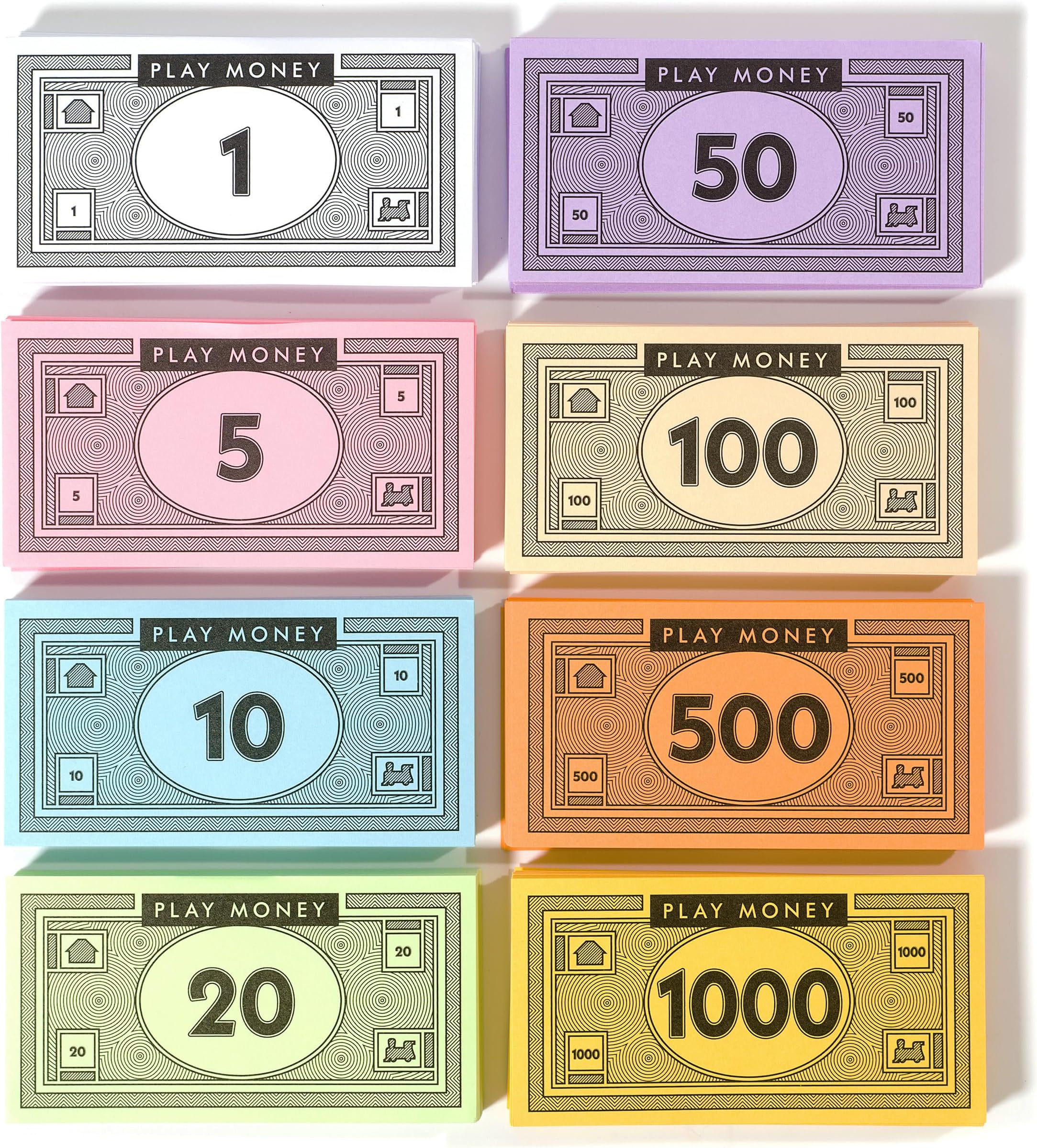 Opoly Play Money – 520Pcs Fake Money for Board Games – 65 of Each Bill in 8 Denominations – $1, $5, $10, $20, $50, $100, $500, & $1000 - Pretend Play Cashier, Refill Packs