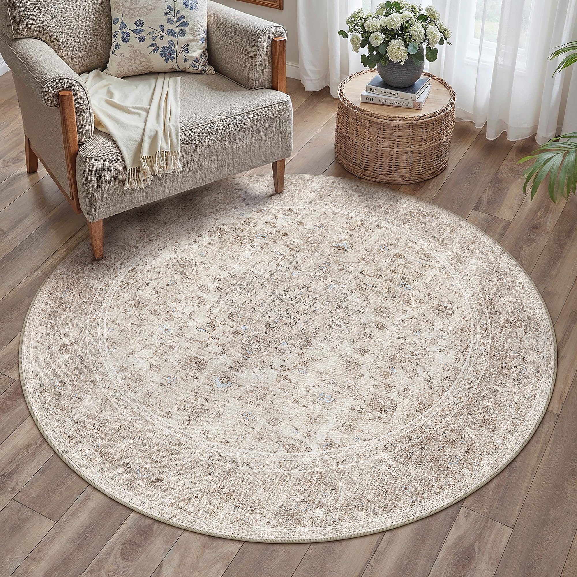 PureCozy Beige Round Rug 120 cm Round Vintage Washable Living Room Rug Non-Slip Short Pile Soft Bohemian Carpet for Living Room Living Room Bedroom Office Flat Dining Room — image 1