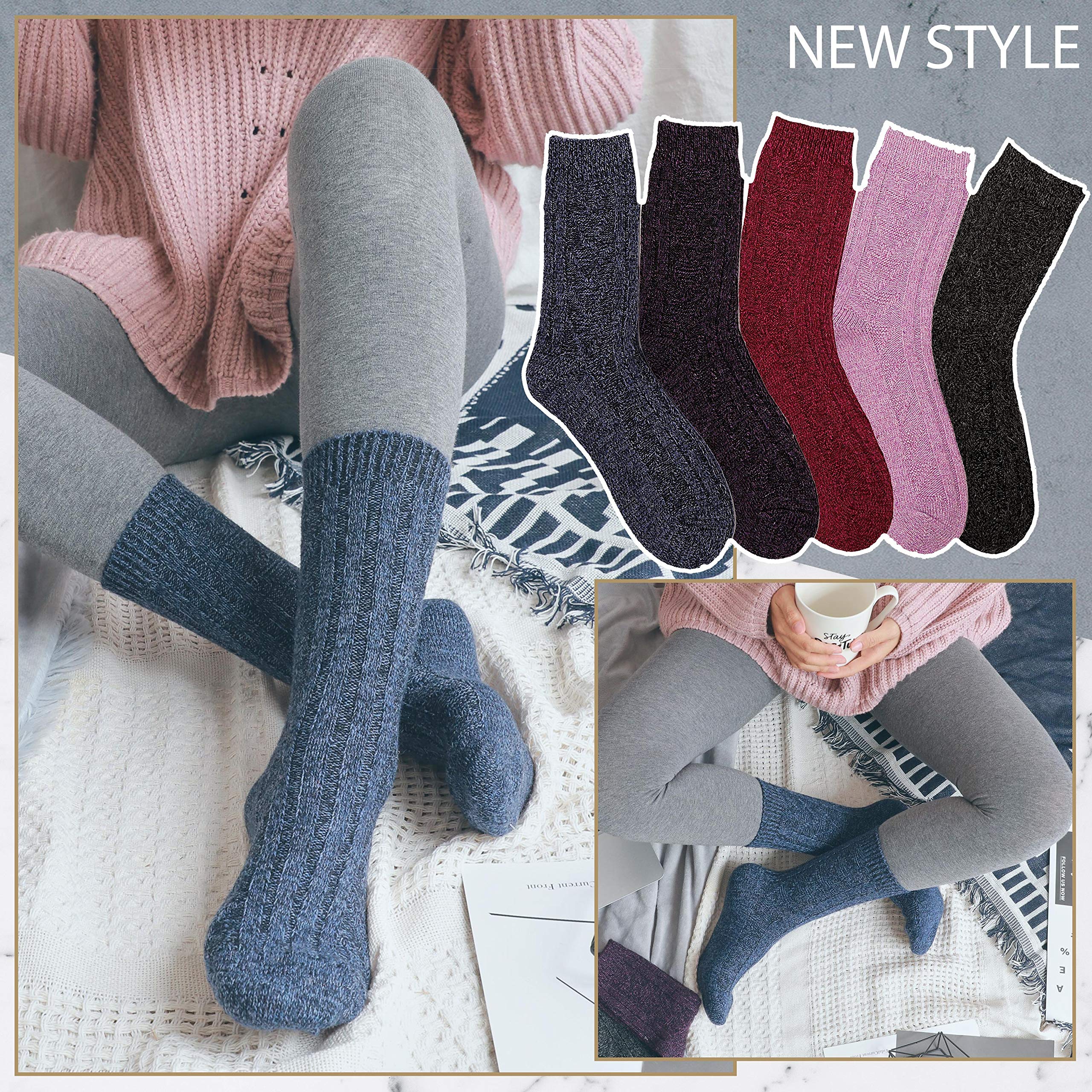 EBMORE Chaussettes Thermiques en Laine de Mérinos pour Femmes Marche Chaudes Épaisses Hiver Confortables Travail Douces Bottes Froides Chaussettes pour Femmes Paquet de 5