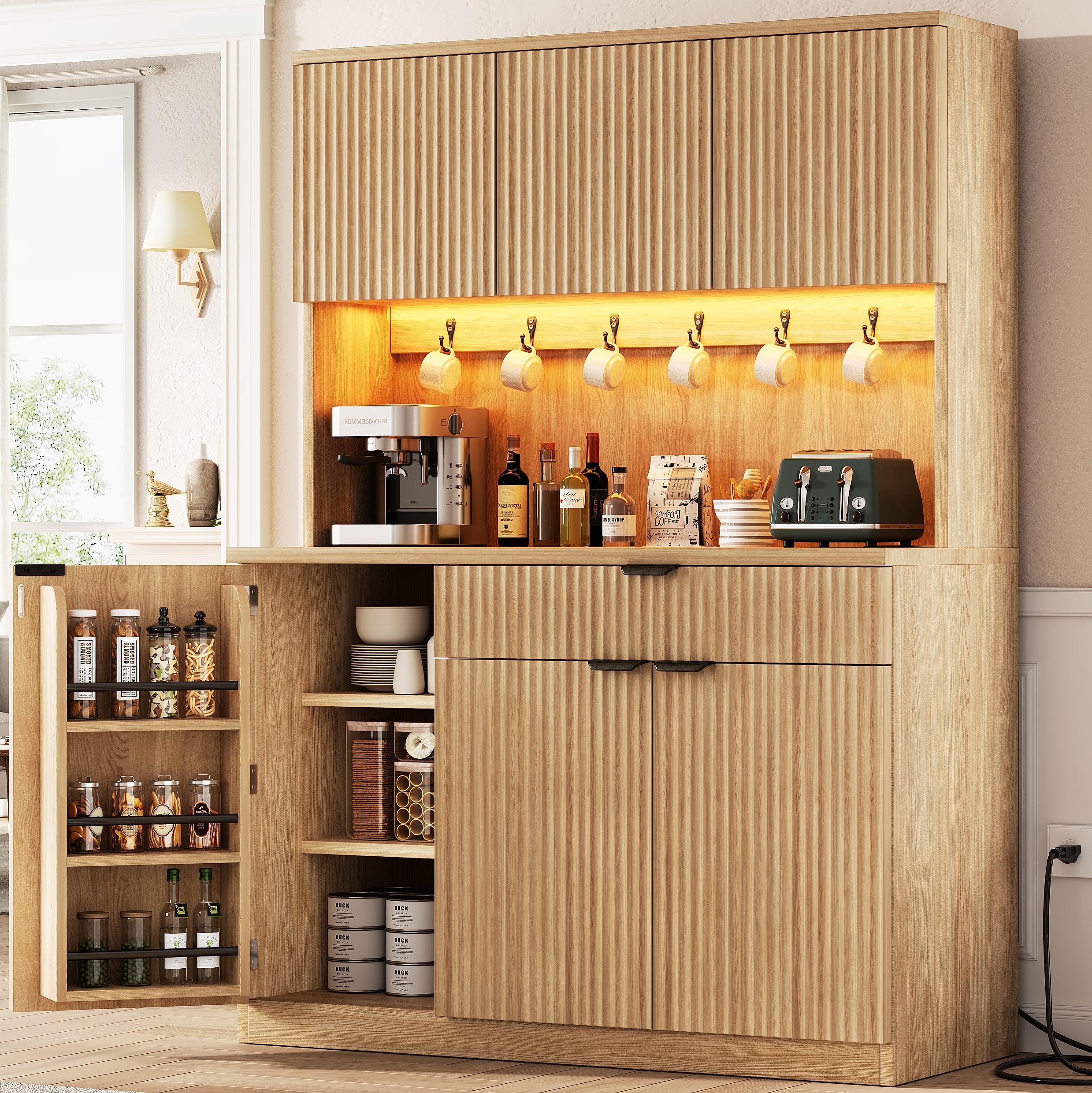 Photo 1 of **MISSING BOX 1**** PARTS ONLY** Jocoevol Fluted Kitchen Pantry Storage Cabinet with Charging Station/LED Light/Doors/Shelves, 71'' Tall Kitchen Food Hutch with Microwave Stand for Dining Room Living Room (Natural, 41 * 15.7 * 71)