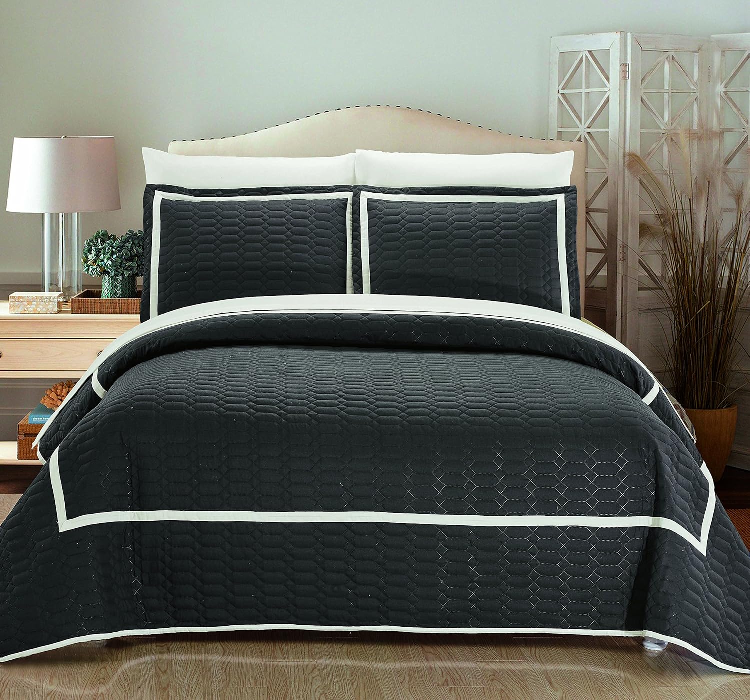 Chic Home QS4396-AN 2 Piece Quilt Cover Set Hotel Collection Two Tone Banded Geometric Embroidered Quilted Bedding, Grey, Twin