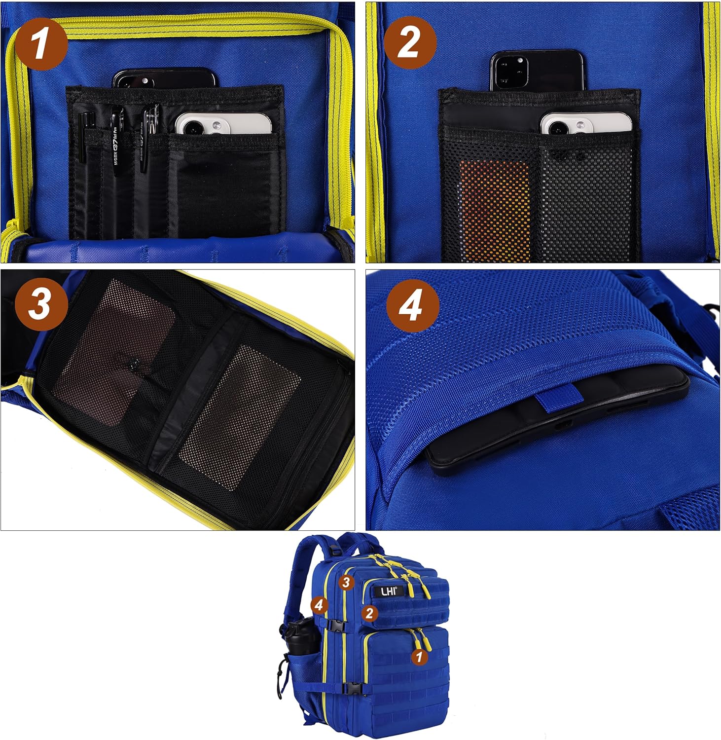 LHI Military Tactical Backpack for Men and Women 45L Army 3 Days Assault Pack Bag Large Rucksack with Molle System - Blue with yellow zipper - Image 6