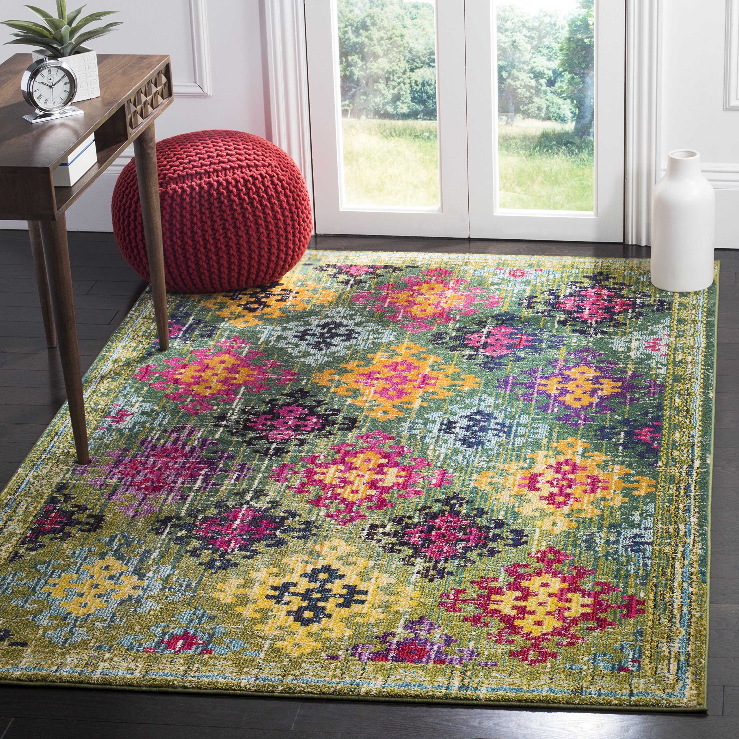 SAFAVIEH Monaco Collection Area Rug - 6'7" Square, Green & Multi, Boho Diamond Trellis Design, Non-Shedding & Easy Care, Ideal for High Traffic Areas