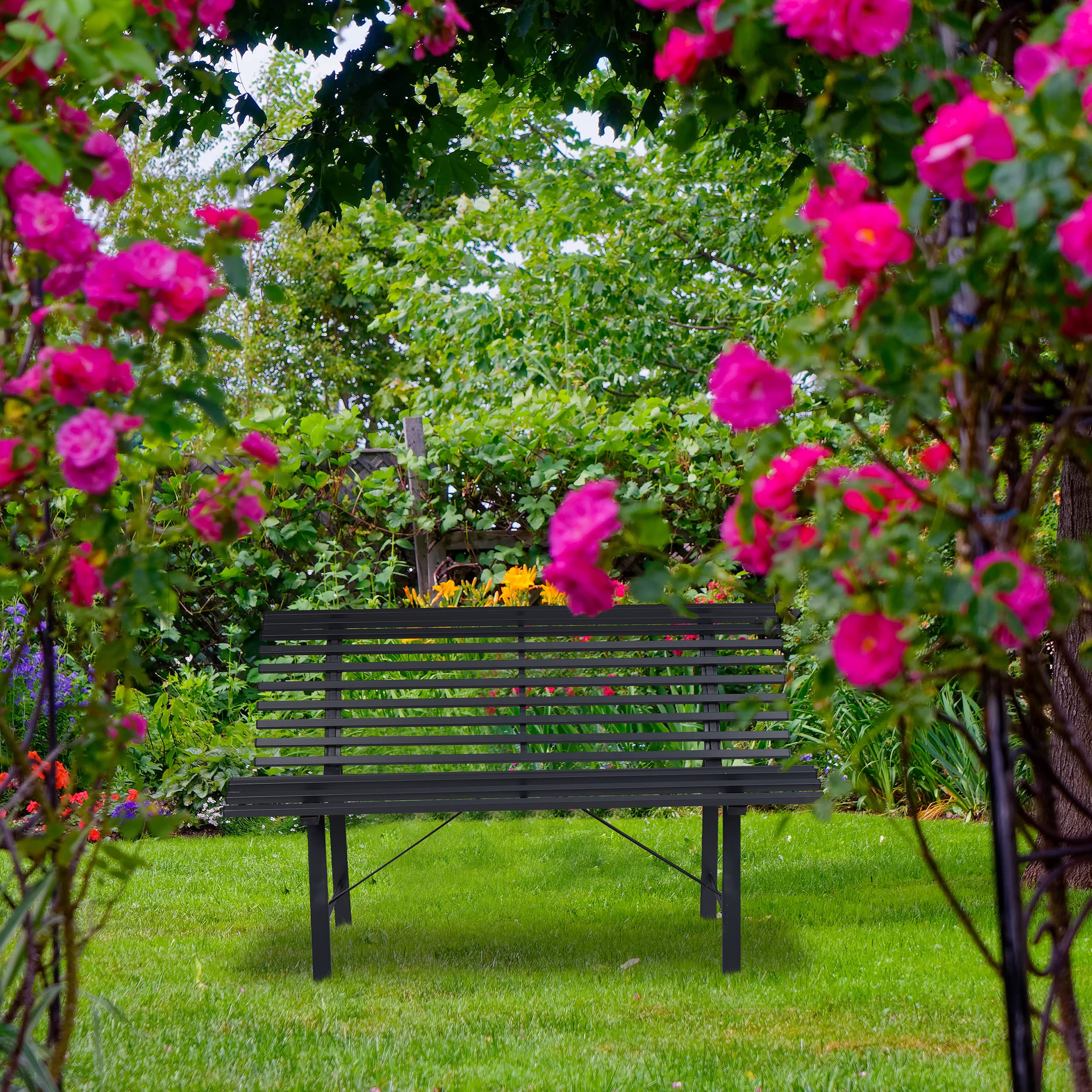 Relaxdays Gartenbank, 2 Sitzer, HBT: 79 x 130 x 75 cm, robuster Stahl, wetterfeste Sitzbank, stabile Parkbank, anthrazit