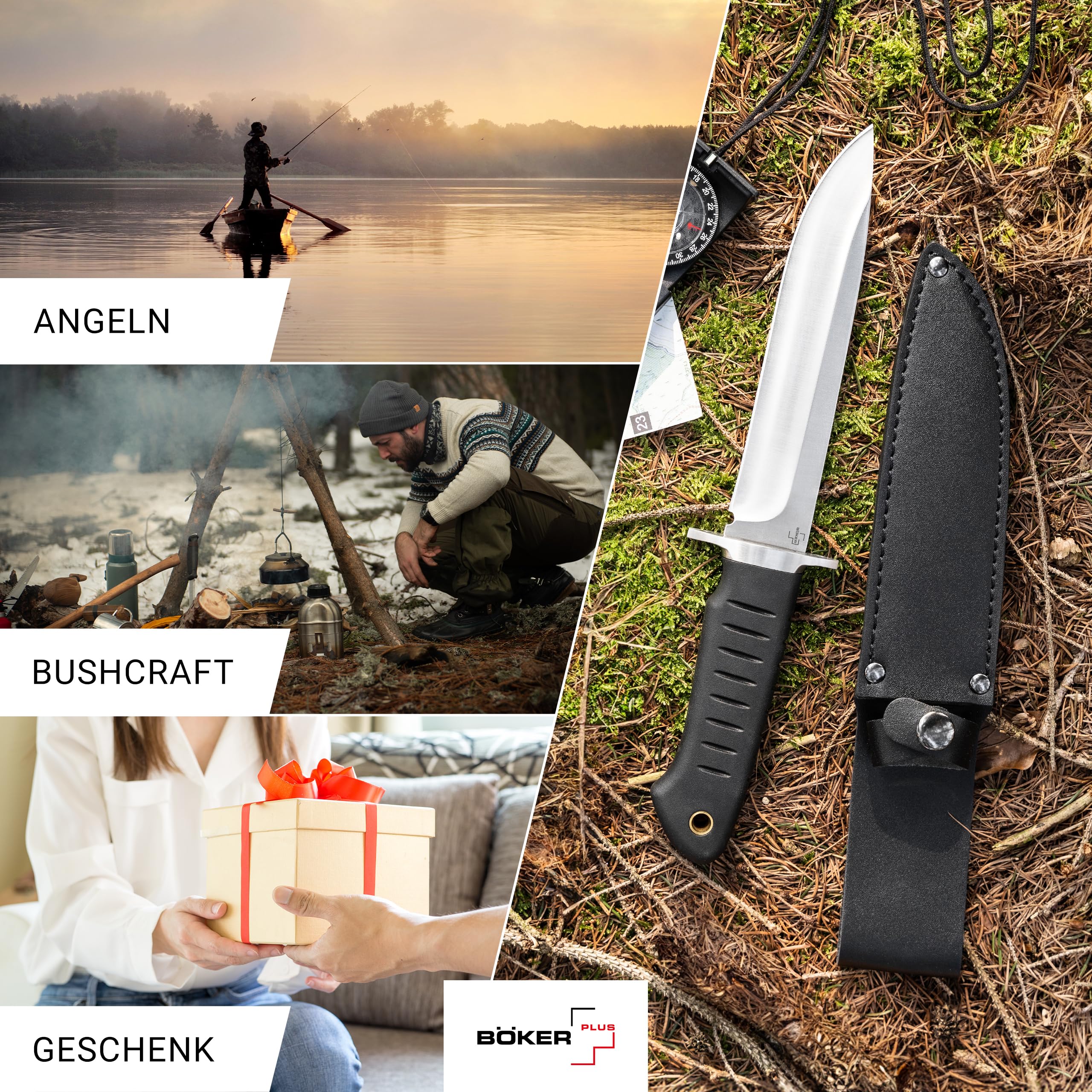 BÖKER PLUS® Sledgedog - großes Pfadfinder Fahrtenmesser - Profi Gürtel-Messer mit Droppoint Klinge - feststehendes Outdoor-Messer mit TPR Griff schwarz - Überlebensmesser mit Leder-Scheide