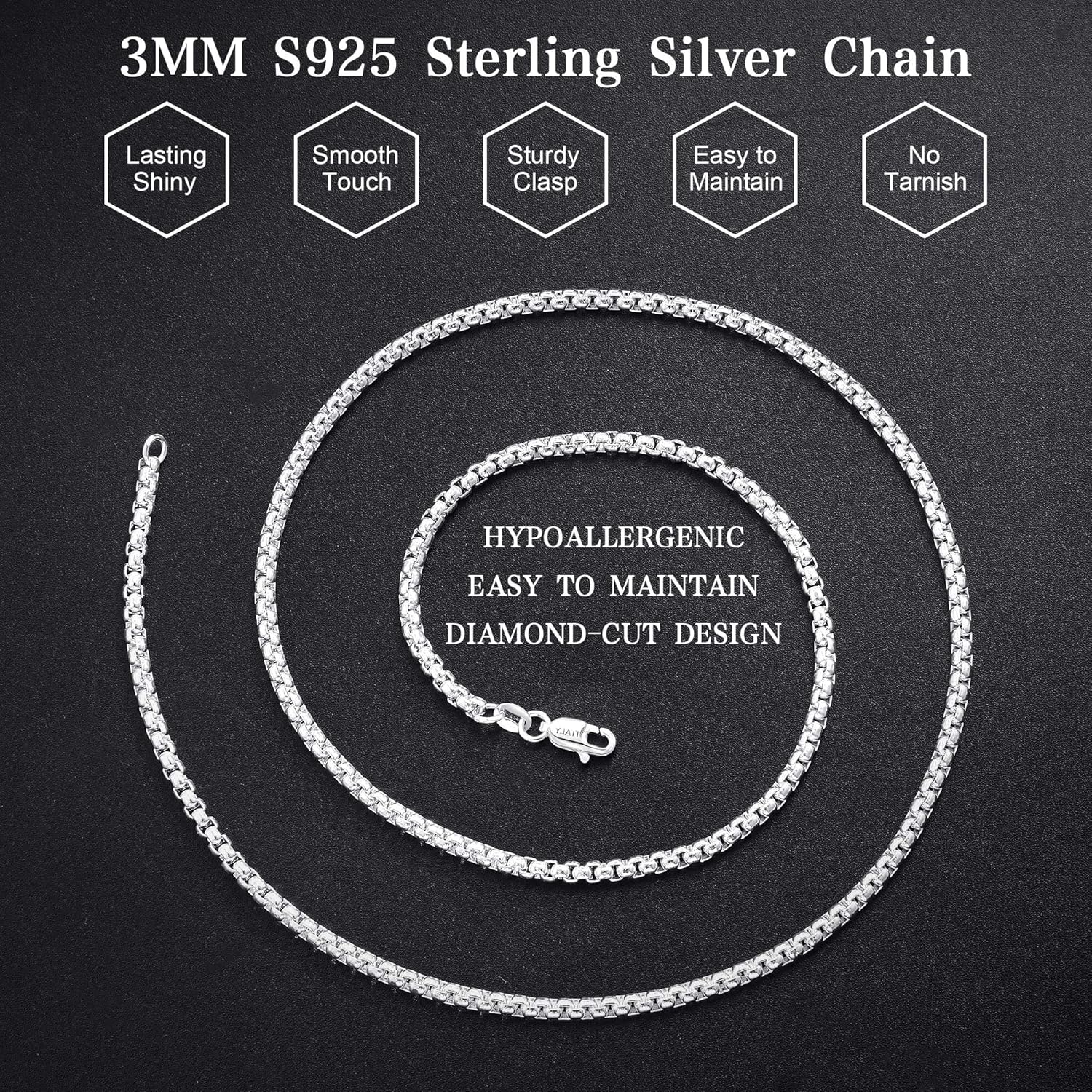 HIMSTORY Silver Chain for Men, 925 Sterling Silver Over 2mm/3mm/4mm Round Box Chain Necklace for Men Women Jewelry Diamond Cut Mens Chains Gifts for Husband Father Boyfriends