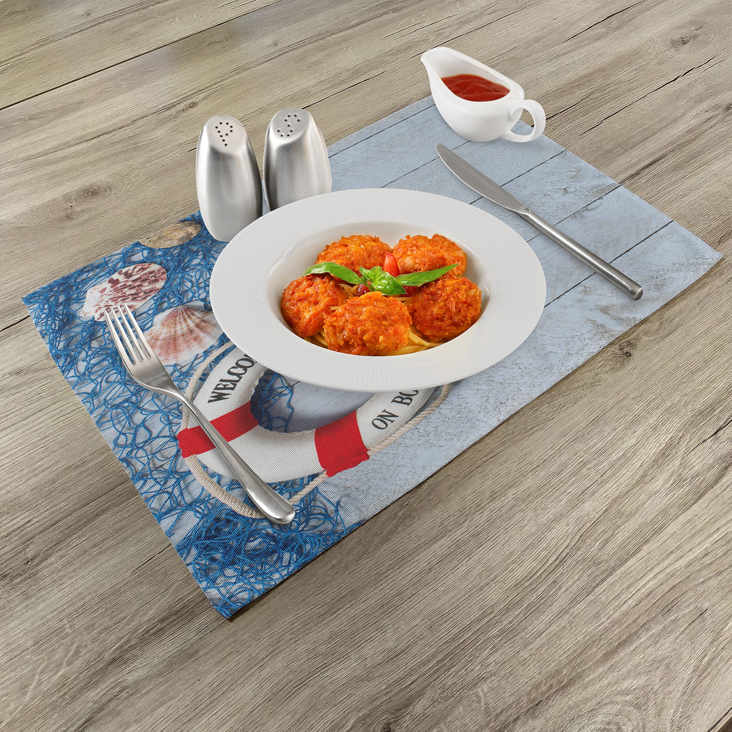 ABAKUHAUS Set 4 Tovagliette Americane In Tessuto Lavabile - Motivo Rete Da Pesca Con Conchiglie - Blu E Rosso