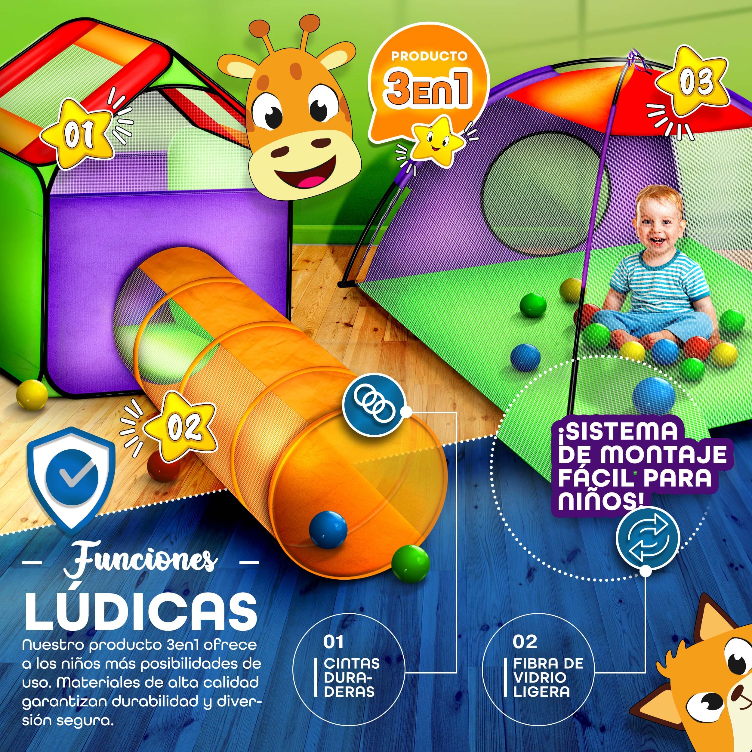KIDUKU® 3 en 1 Iglú Infantil para Juegos/Tienda de campaña para niños + Túnel de Tela + 200 Bolas + Bolsa para Transportar – Uso Interior y Exterior