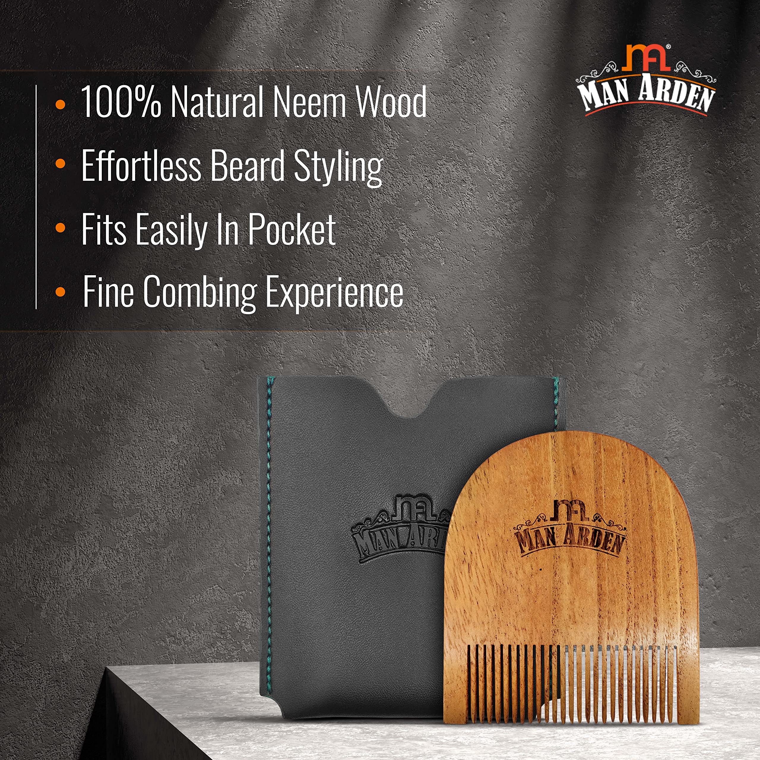 Man Arden Peine de madera en forma de U Pure Neem con bolsa de cuero sintético de primera calidad