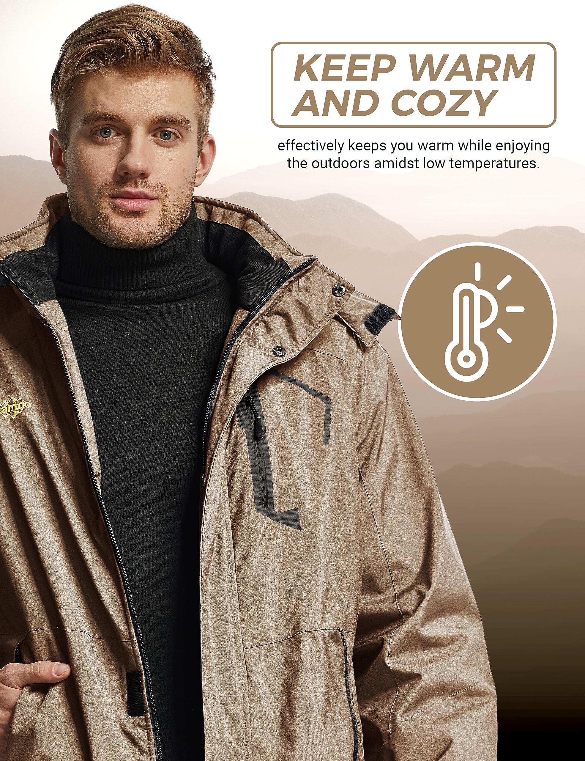 Wantdo Giacca da Sci Montagna Calda Invernale Parka da Neve Imbottita Cappotto da Snowboard in Pile Giubbotto con Cappuccio Impermeabile Uomo