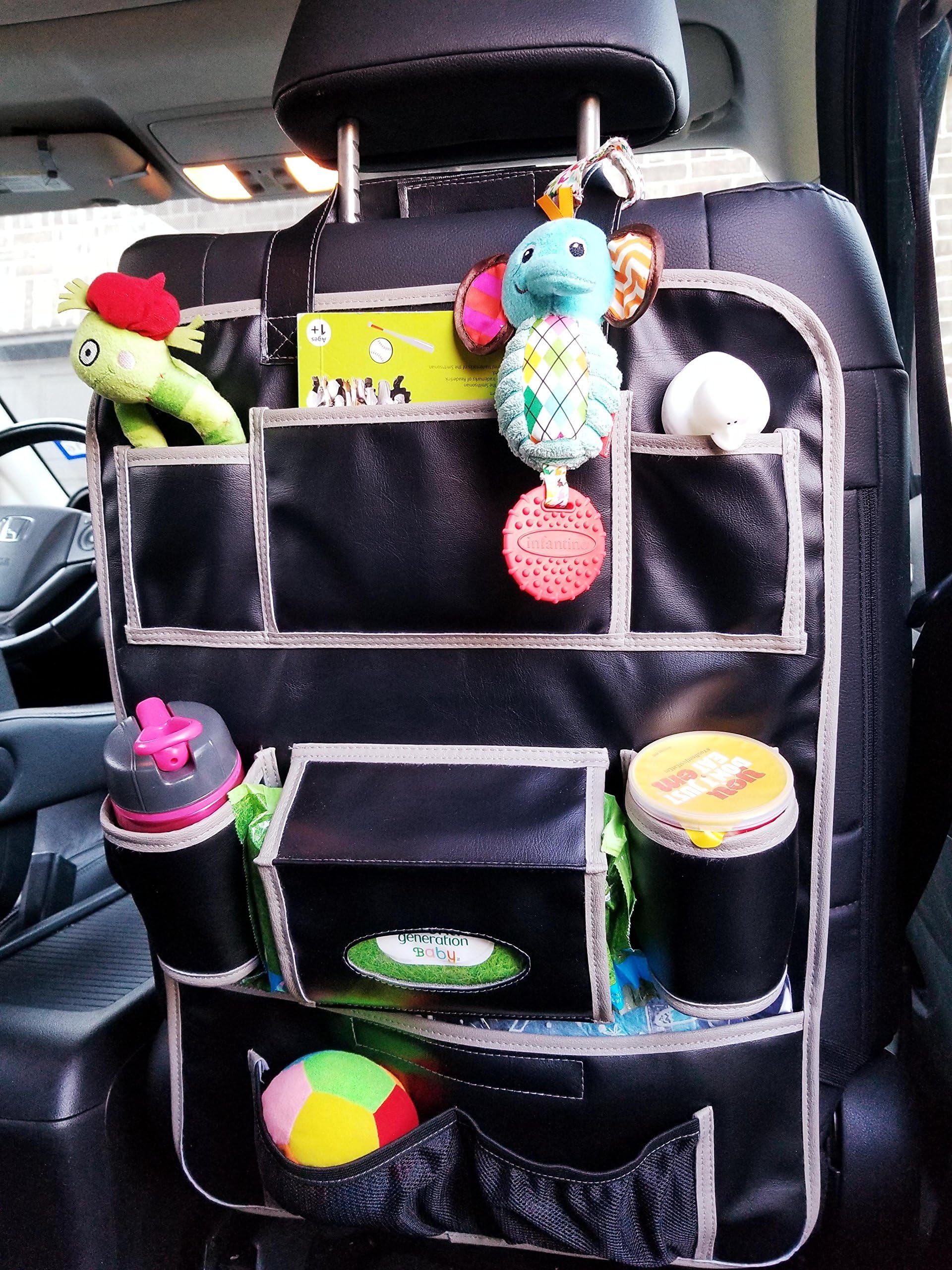 OneTily PREMIUM LEATHER Car Back Seat Organizer | Kick Mat Auto Seat Back Protector | Eco friendly Portable Travel |Gift for Parents,Mom,Kids| Nursery Hanging Baby Kids Toy Storage| No Animals Harmed|