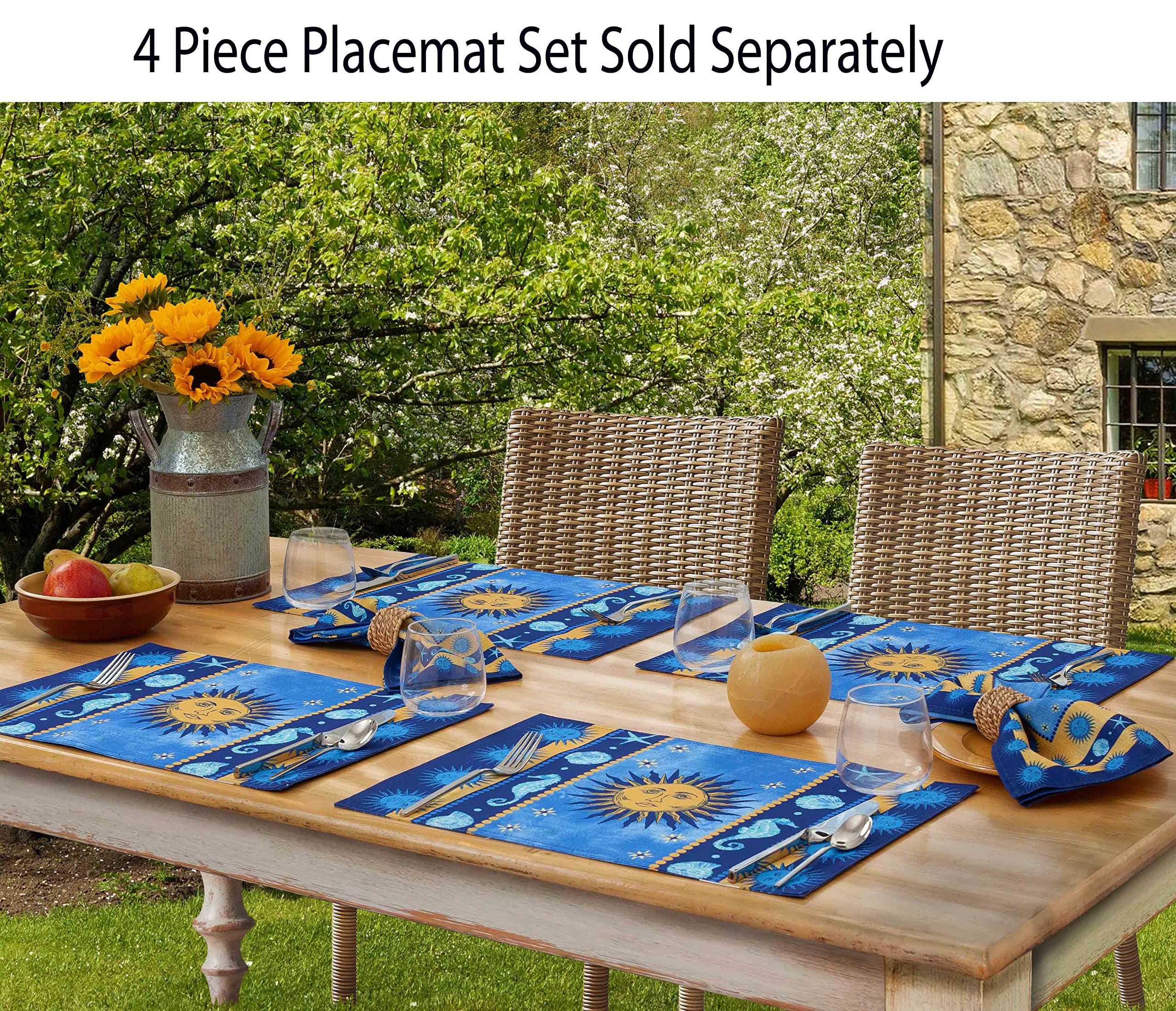 Home Bargains Plus Blue Sun Rectangle Fabric Placemats, Set of 4 Placemats, Wrinkle, Water and Stain Resistant Mediterranean Placemats, Sea Shells and Seahorses