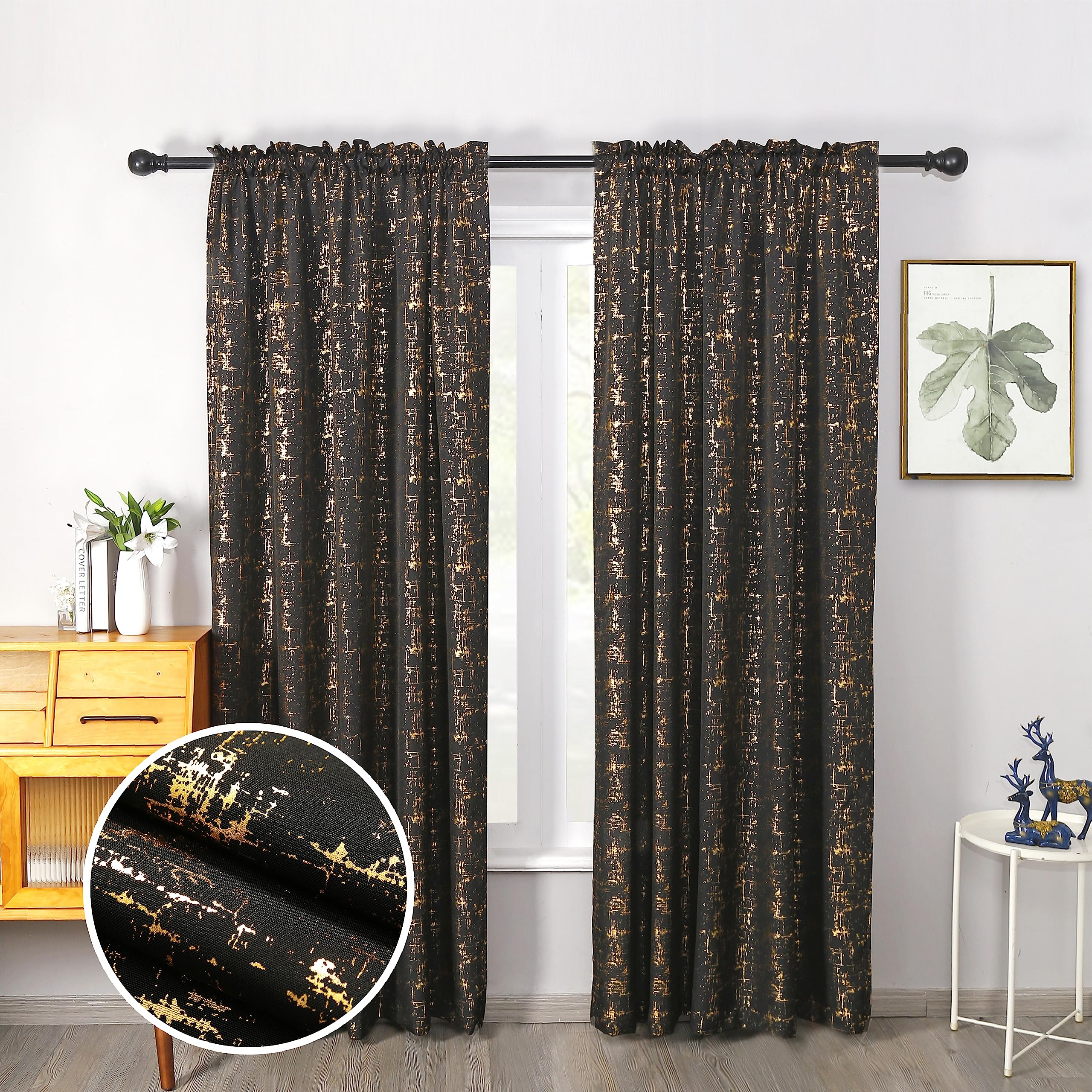 Taisier Home 95" Blackout Thermal Curtains - Gold Geometric Dot Rod Pocket Drapes, Linen Textured for Bedroom & Living Room, Set of 2 Panels, Black & Gold Luxury Window Treatments