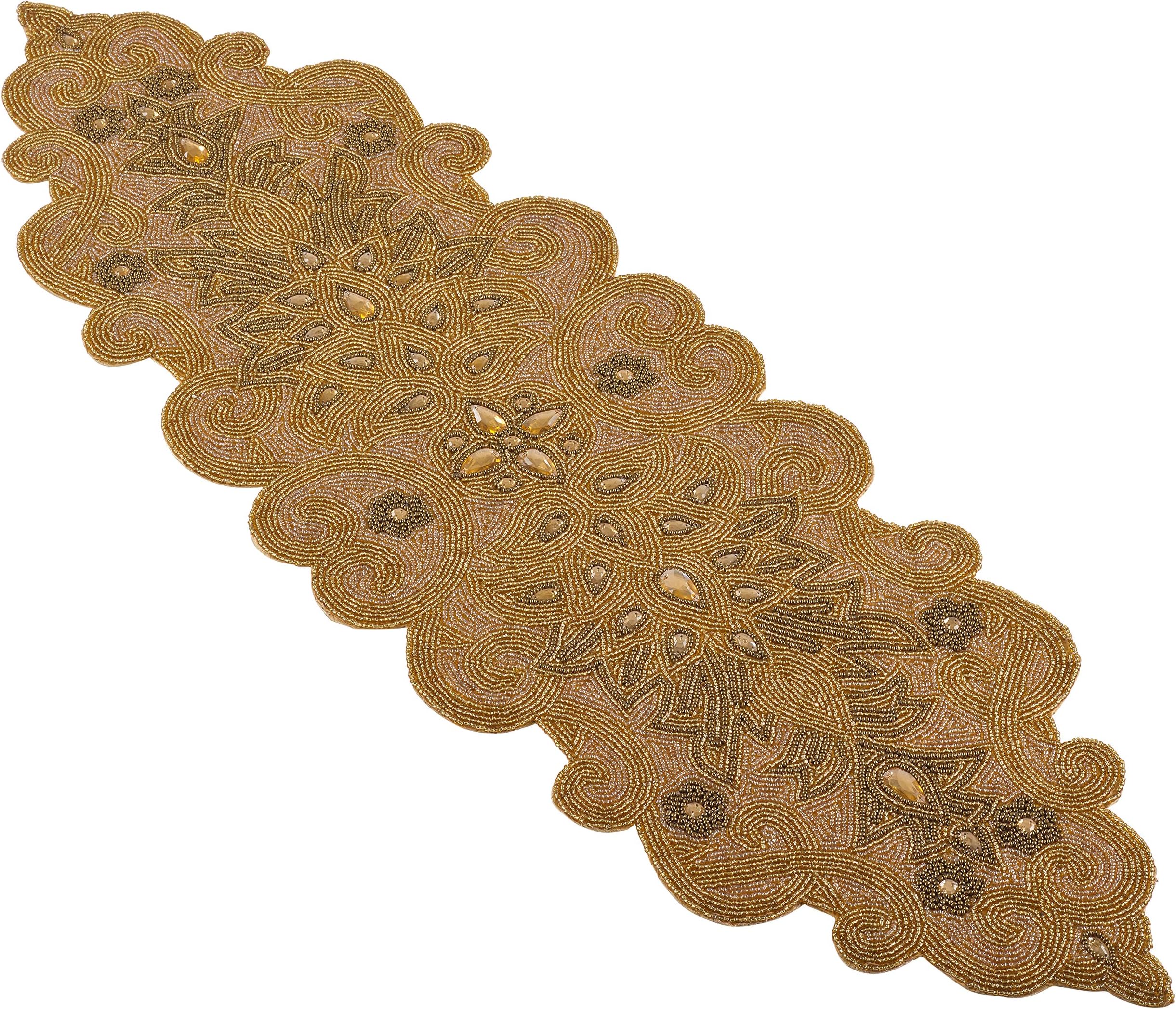 SARO LIFESTYLE Beaded Scroll Motif Design Table Runner, 12" x 38", Gold