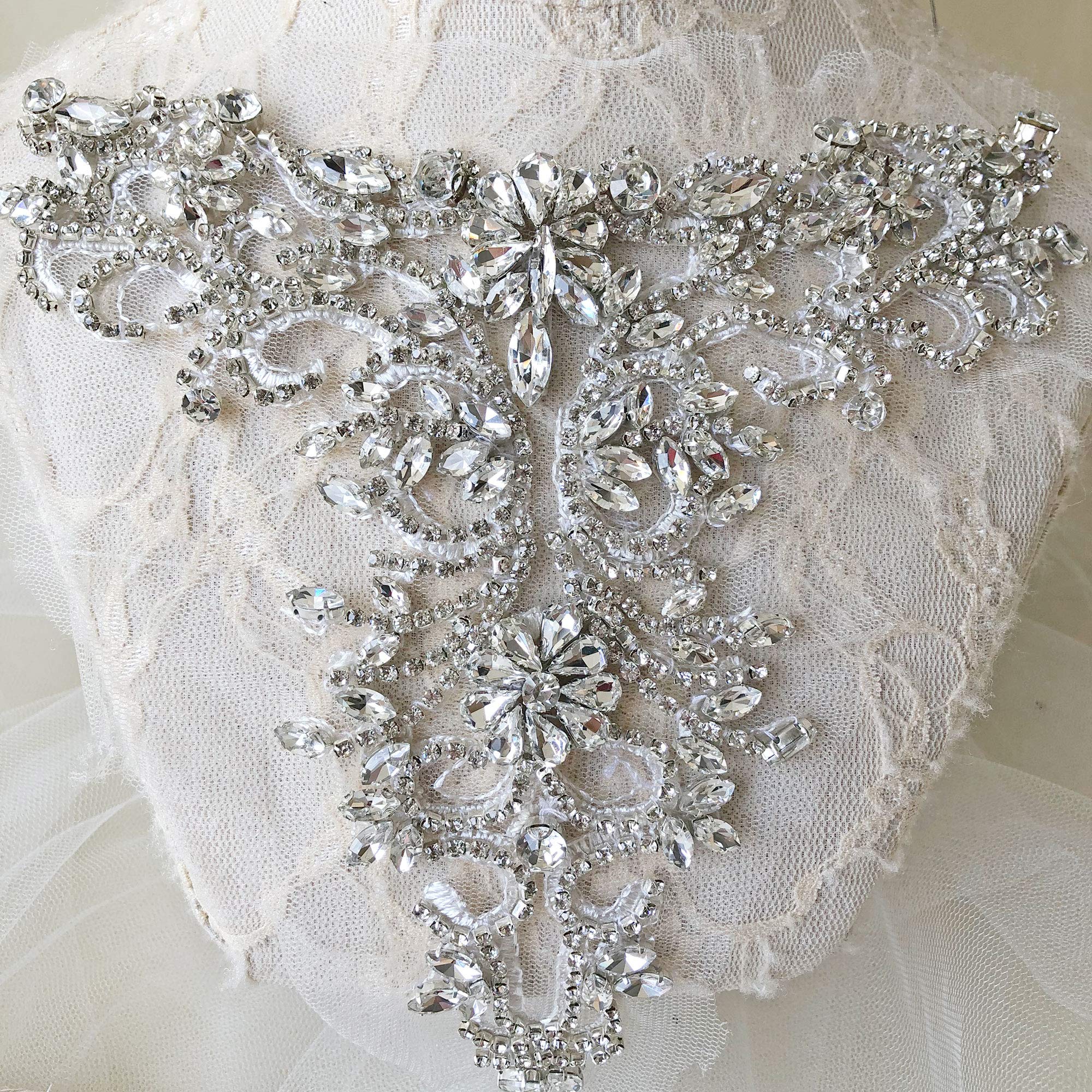 deep v neck dress accessories Sparkle Rhinestone Applique Wedding Beaded Patch V-Neck Crystal Neckline Silver Color sarah catherine hook length sleeves and front jewelry for v neck dress Women High Split Sexy Color:ICEDCOFFEE