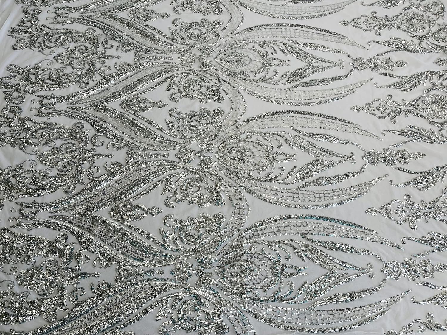 New Creations Fabric & Foam Inc, Empire Damask Design with Sequins Embroider On A 4 Way Stretch Mesh Fabric (1 Yard, Silver on White Mesh)