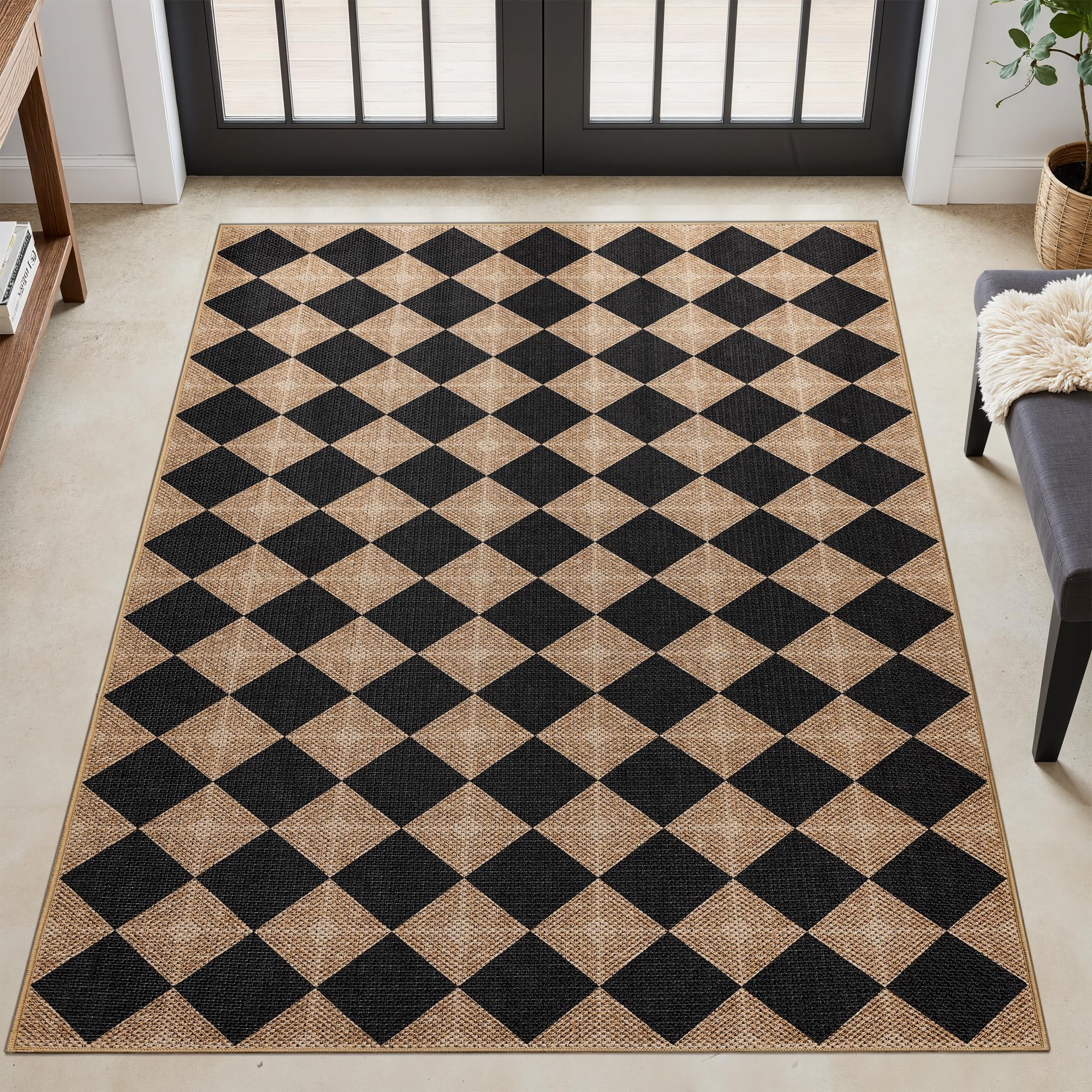 Dadasgk Checkered Easy Jute 3x5 Outdoor Patio Rug, Washable Non Slip Rugs for Entryway,Textured Diamond Indoor Outdoor Living Room Carpet, Farmhouse Neutral Black Door Rug for Backyard Bedroom