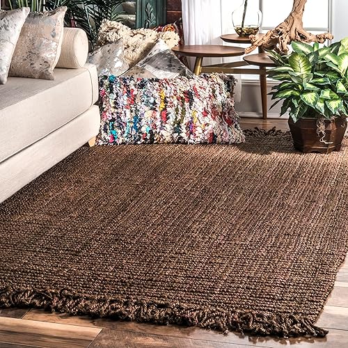 nuLOOM 5x8 Daniela Jute Tassel Hand Woven Area Rug, Chocolate, Solid Chunky Farmhouse Design, Natural Fiber, For Bedroom, Dining Room, Living Room, Hallway, Office, Entryway