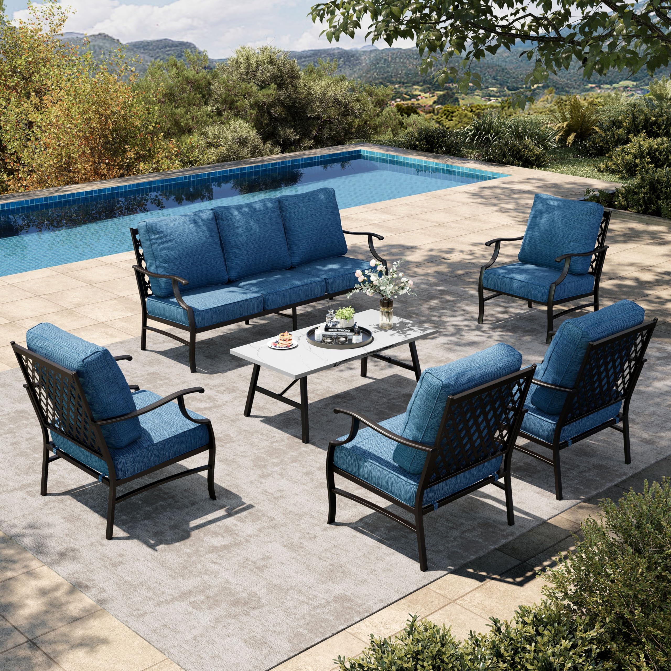 HERA'S HOUSE 6 Piece Patio Furniture Set, 4 x Fixed Metal Cushioned Chair, 1 x 3-Seat Sofa with Marbling Coffee Table, 7 Seats Outdoor Conversation