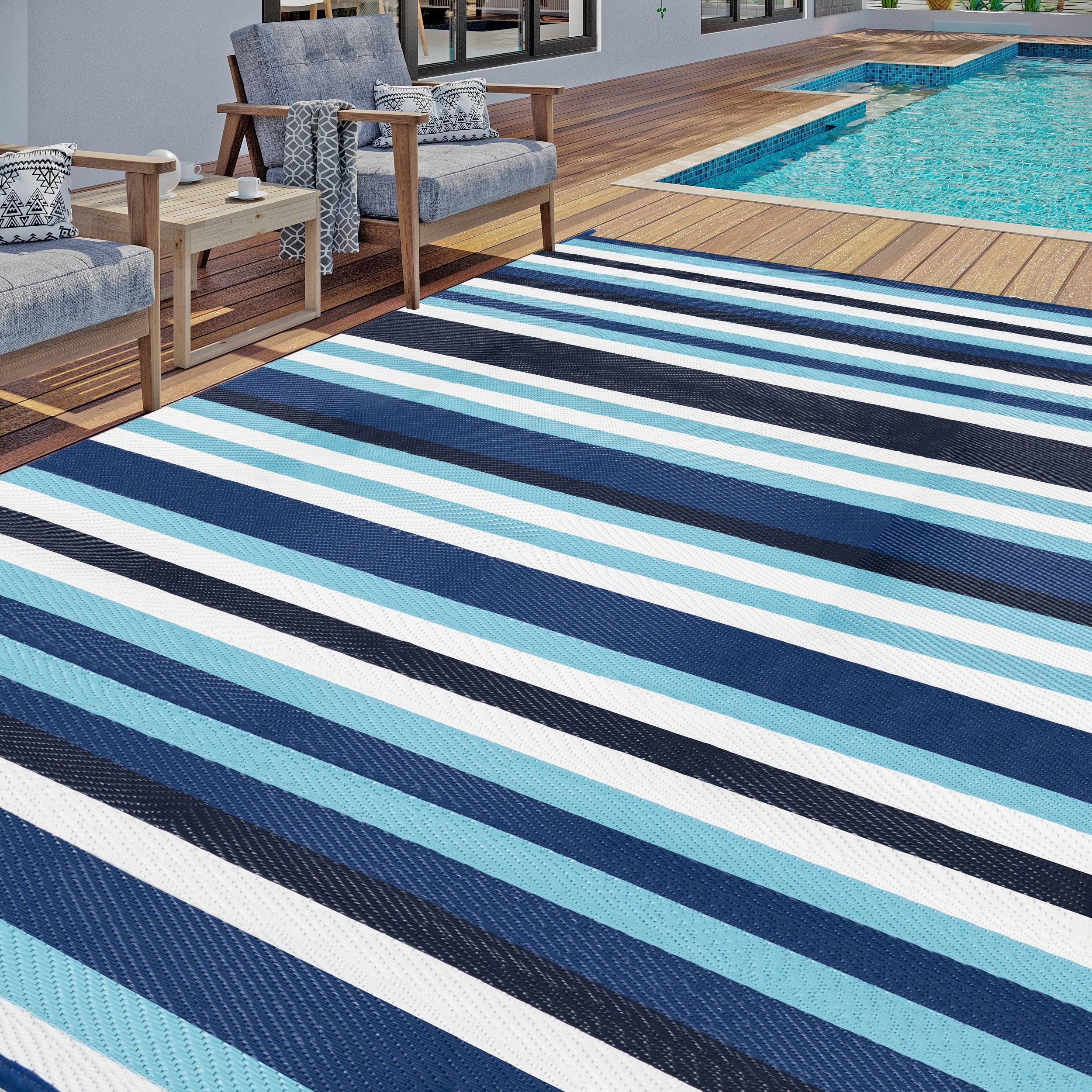 HUGEAR Outdoor Waterproof Rug 6'x9' Plastic Straw Rugs Washable Reversible Floor Mat Blue Stripe Carpet for Camping RV Deck Entryance Porch Picnic