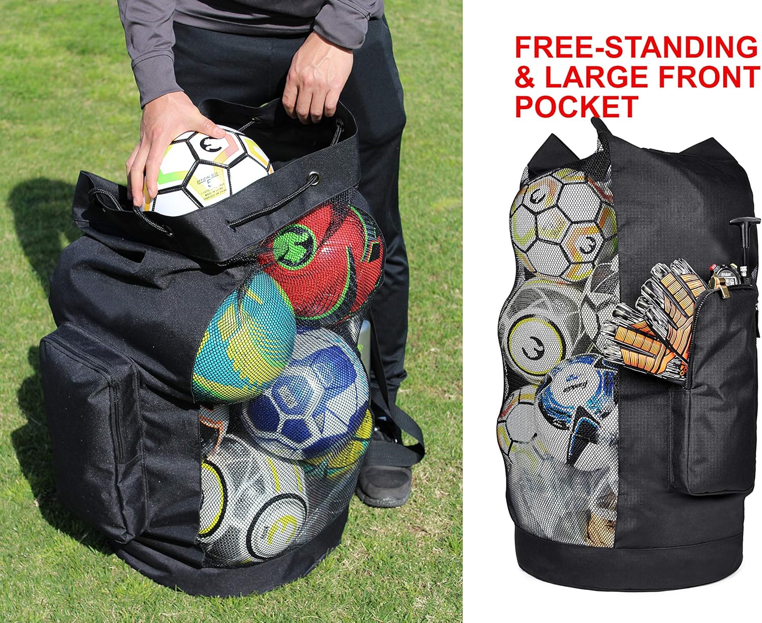 Fitdom Heavy Duty XL Soccer Mesh Equipment Ball Bag w/Adjustable Shoulder Strap Design for Coach. with an Over-Sized Front Pocket for Sporting Accessories. Best for All Outdoor & Water Gears : Sports & Outdoors