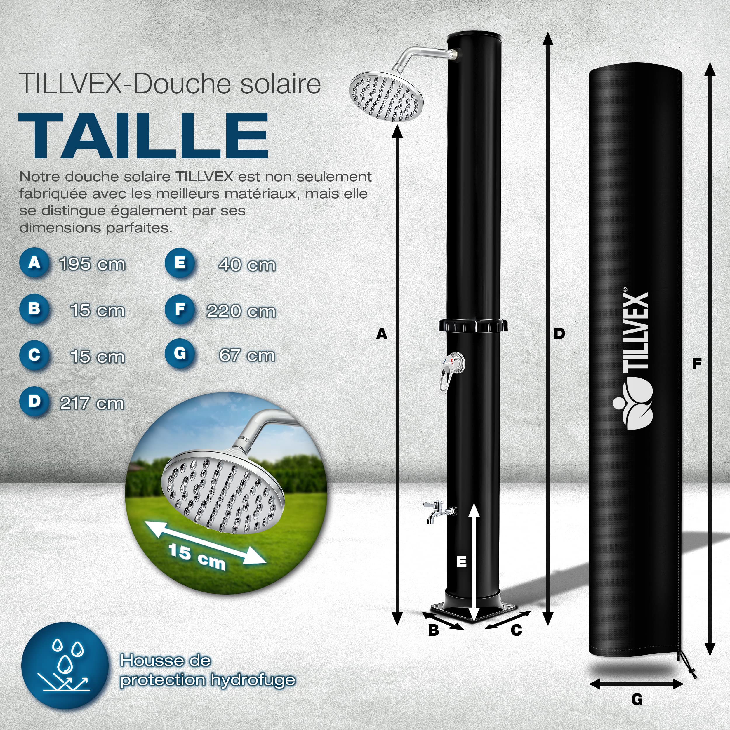 tillvex Douche Solaire 20 litres - Housse de Protection Incluse, Douche de Jardin Solaire - Douche de Jardin Chaude - sans raccordement électrique - avec Robinet et pommeau de Douche de Pluie