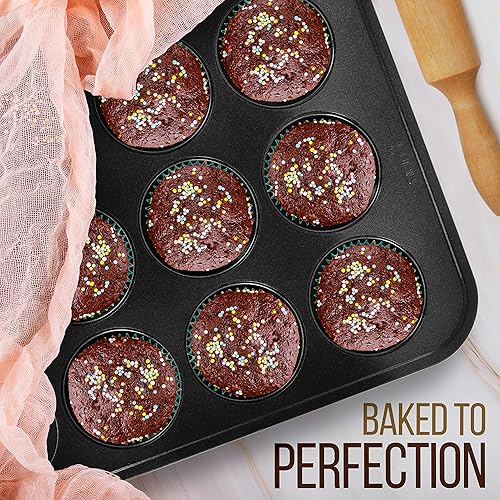 Miniatura 6 de NutriChef Juego de 6 moldes antiadherentes para hornear, acero al carbono negro con revestimiento antiadherente de alta calidad, incluye bandejas