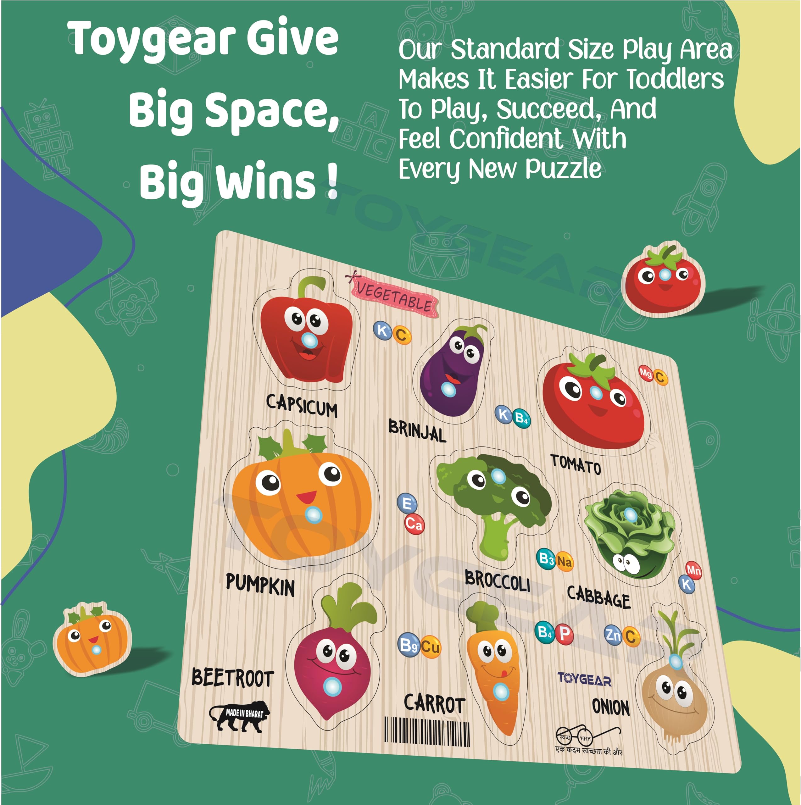 Nizomi Vegetable Peg Puzzles – 9-piece Wooden Veggie with Pegs – Educational Toy for Toddlers – Interactive Learning Board for Vegetable Recognition & Fine Motor Skills 2+ Years 4