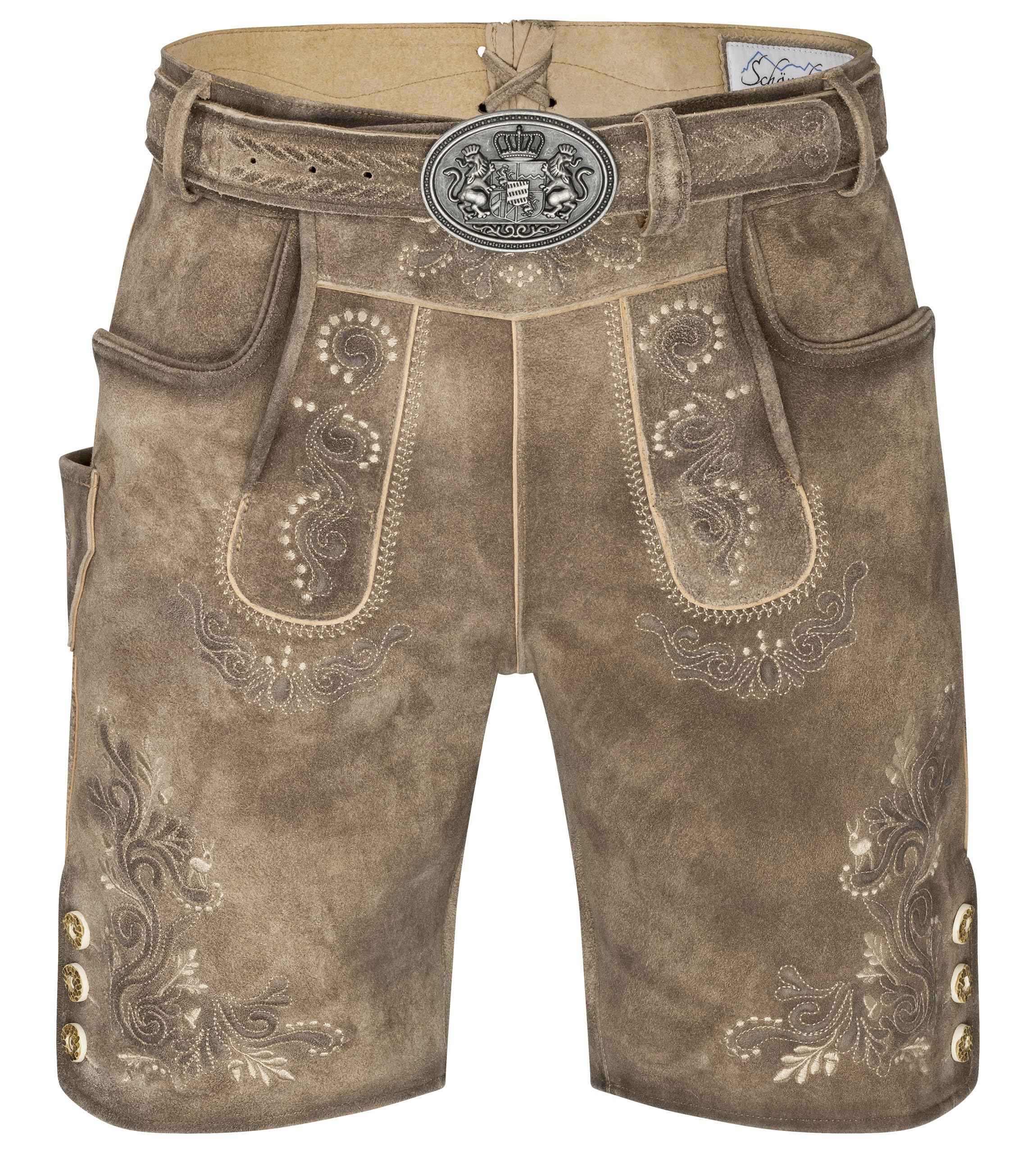 Schöneberger Trachten Couture Herren Lederhose kurz mit Trachtengürtel, Antik Trachtenhose für Oktoberfest aus Original Nubukleder, Wiesnbock