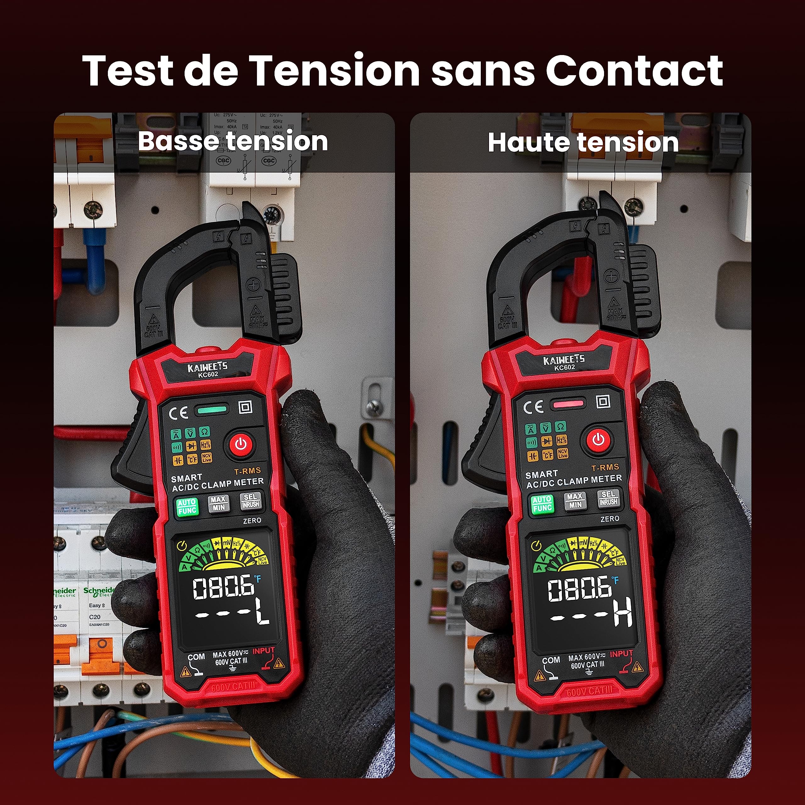 KAIWEETS Pince Ampèremétrique Intelligente T-RMS 6000 Comptes, Multimètre, Ampèremètre à Plage Automatique, Écran Couleur, Mesure Courant CA/CC, Courant d'Appel, Tension, Température, NCV KC602