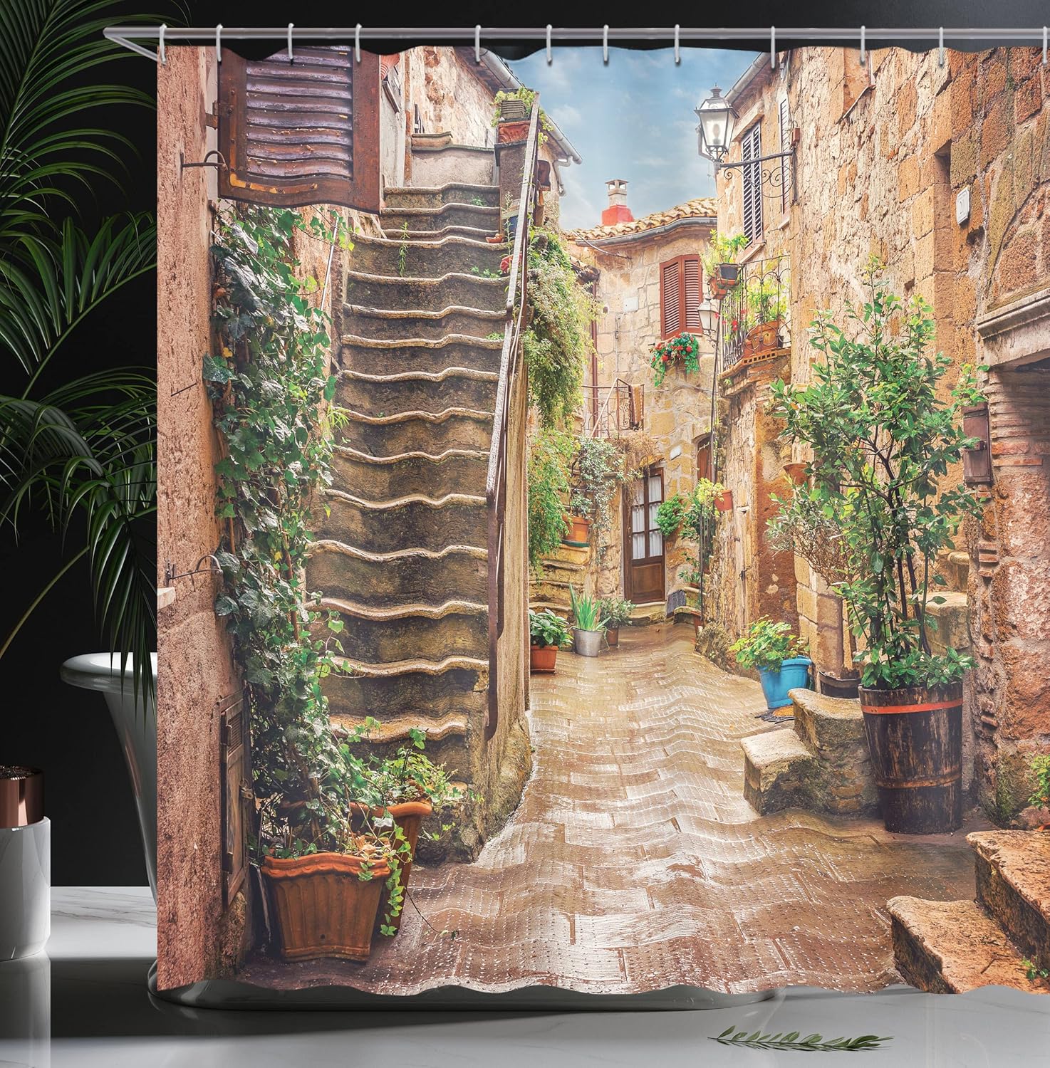 Ambesonne Italian Shower Curtain, View of Old Mediterranean Street Stone Rock Houses in Italy City Rural Print, Cloth Fabric Bathroom Decor Set with Hooks, 69" W x 70" L, Camel Hunter Green 69" W x 70" L Camel Hunter Green