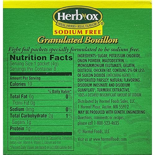 HERB-OX Caldo instantáneo - Granulado - Condimento - Pollo - Sin sodio - Sin gluten - 1 caja - 8 paquetes - 1.2 onzas