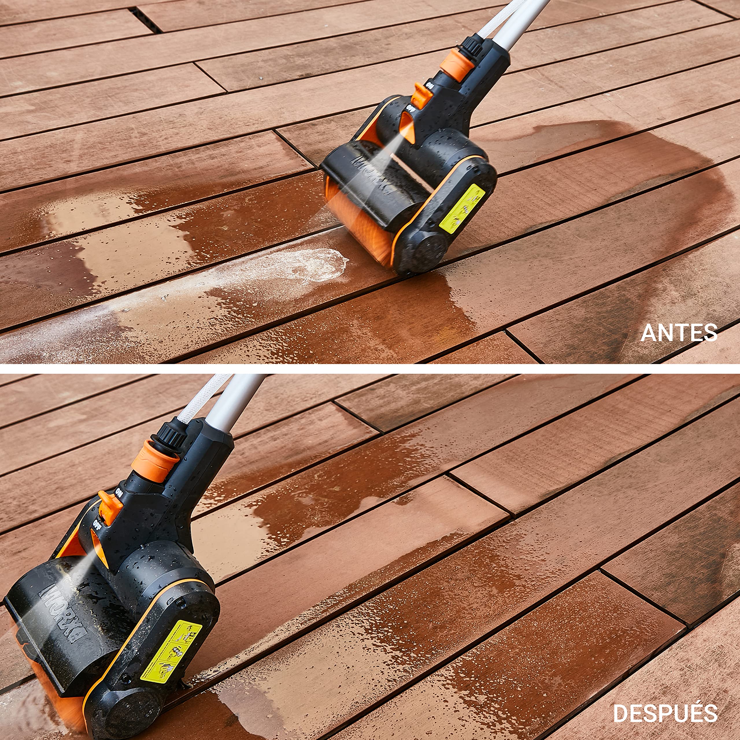 WORX WG441E Cepillo multifunción 20V-4Ah, limpieza profunda de suelos, baldosas, hormigón y cubiertas, conexión de agua, cambio rápido de accesorios, 2 velocidades, cepillo de nylon, alambre incluidos