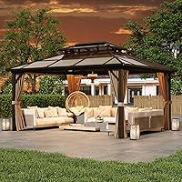 Vista 16 de MELLCOM Cenador de techo rígido de 12 x 14 pies, cenador de aluminio de doble techo de metal con cortina y red, pabellón de acero galvanizado