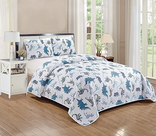 Kids Zone - Juego de colcha acolchada de dinosaurios para niños y adolescentes, azul, azul marino, negro, blanco, reino, nuevo (tamaño